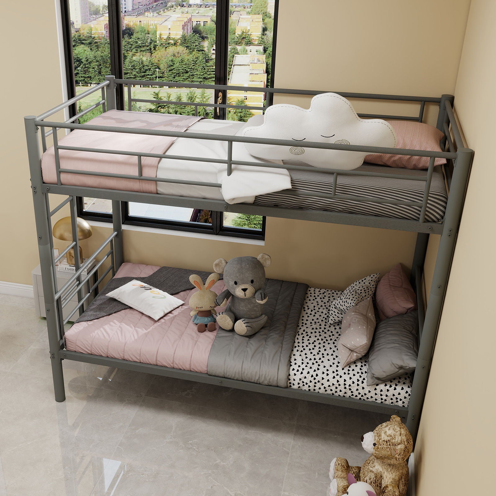 Metal Bunk Bed For Kids, Convertible Bedframe With Ladders & Guardrail