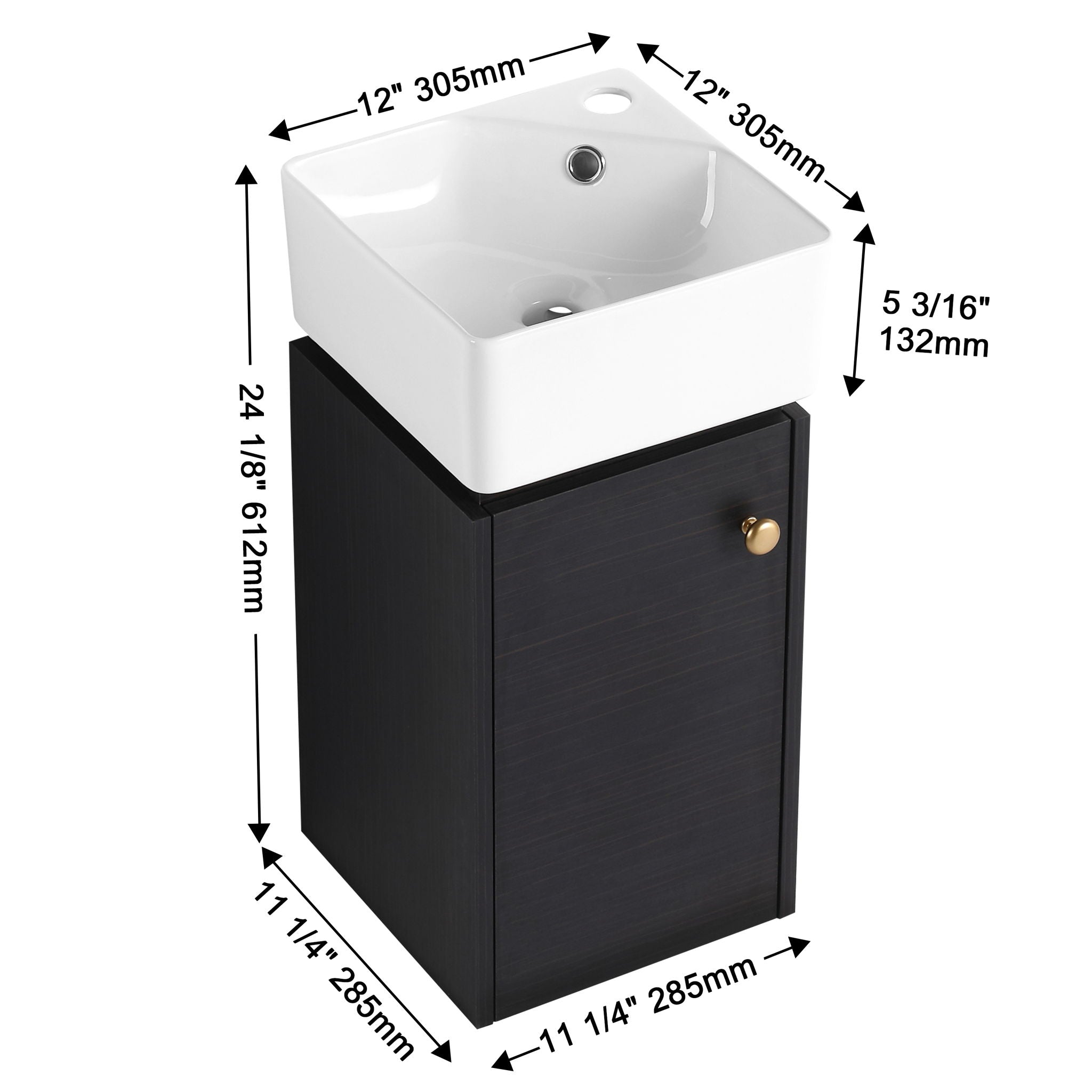 Compact Bathroom Vanity With Sink, Soft Close Door - Black Chestnut