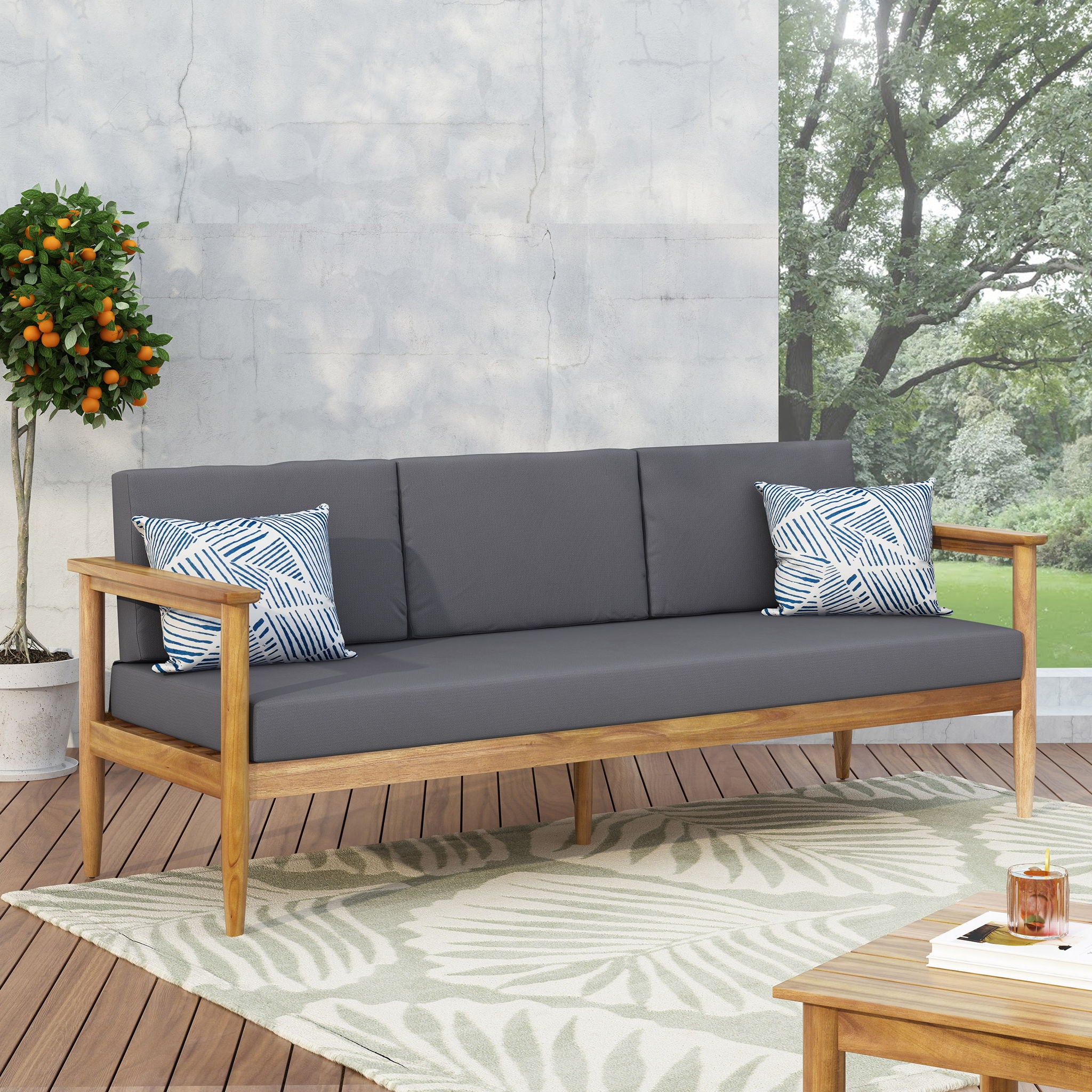 Outdoor 3 Seater Sofa With Cushion And Teak Acacia Wood - Dark Gray