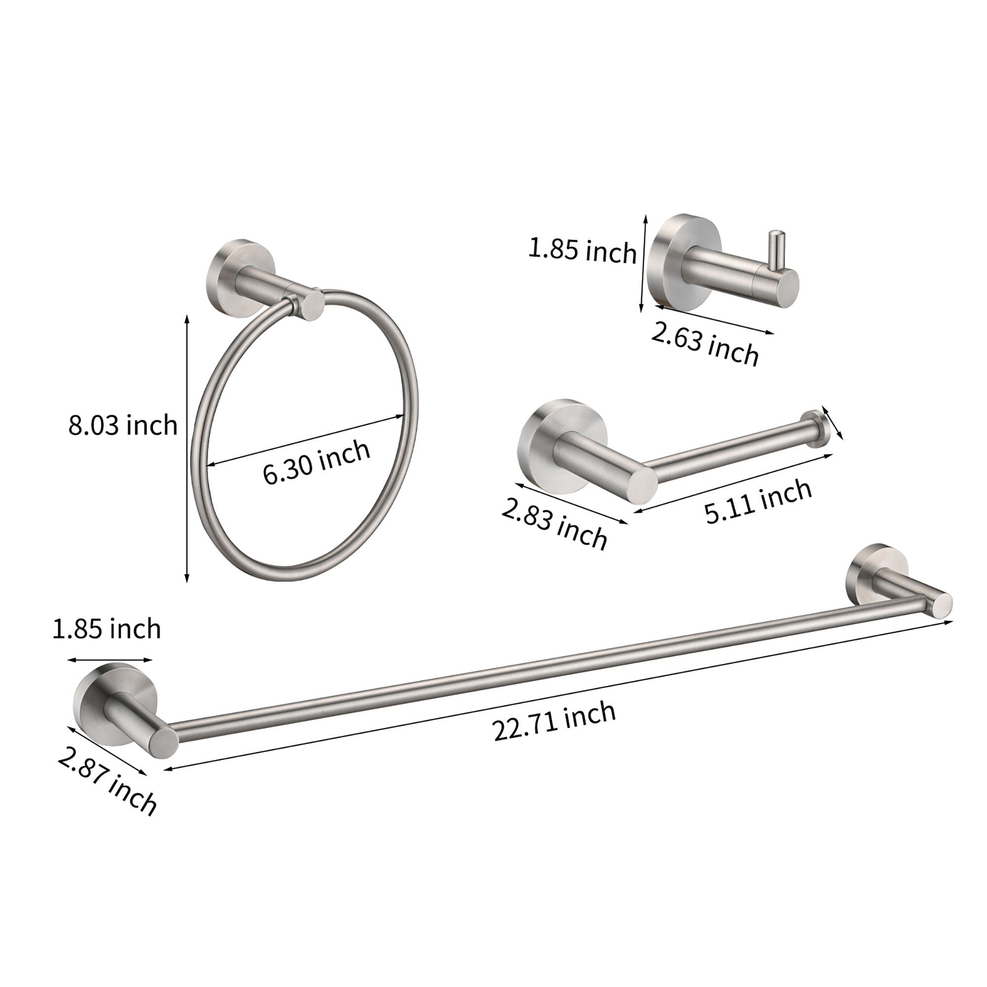 Bathroom Set 4 Pack With Towel Bar Racks, Toilet Paper Holder, Ring, Hook, Stainless Steel - Brushed Nickel