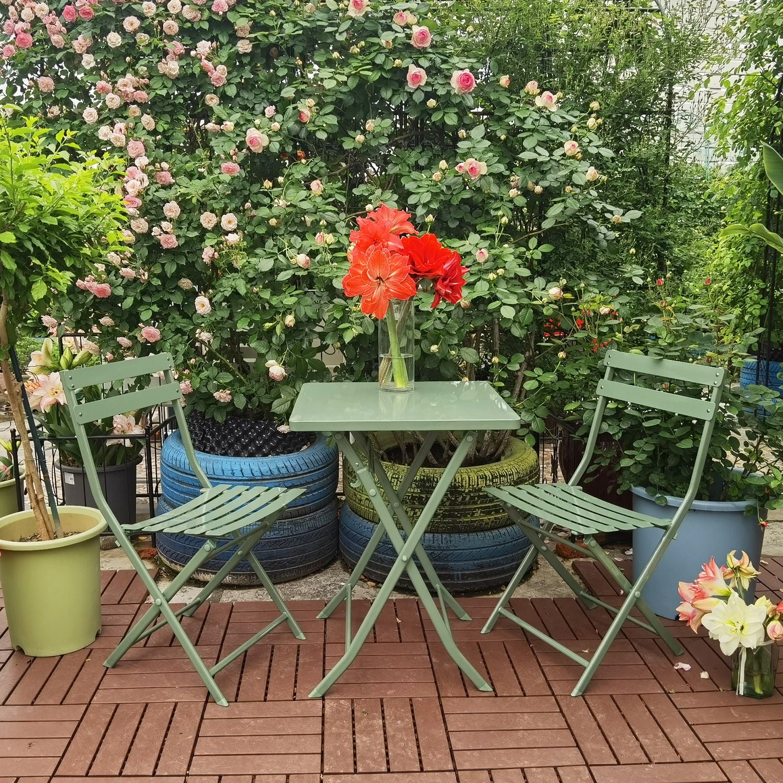 3 Piece Patio Bistro Set Of Foldable Square Table And Chairs