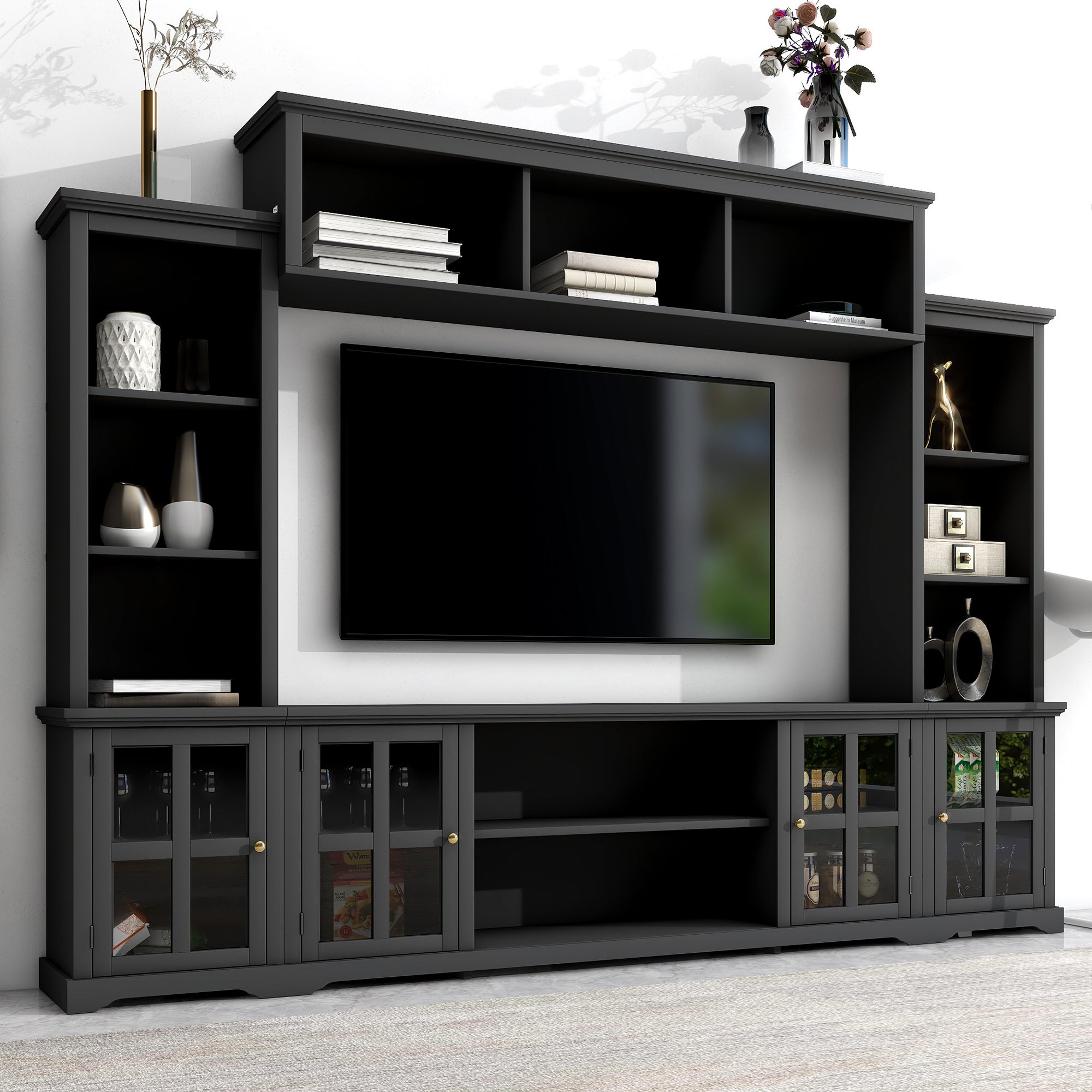 Entertainment Wall Unit with Bridge, Modern TV Console Table for TVs Up to 70" Multifunctional TV Stand with Tempered Glass Door Black