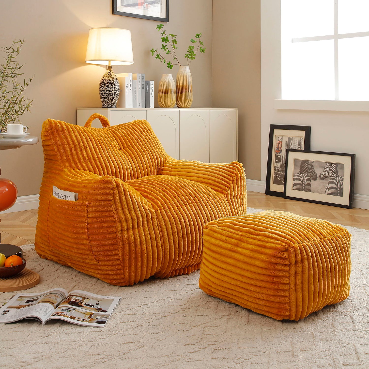 Giant Plush Bean Bag Chair With Armrests And Footstool