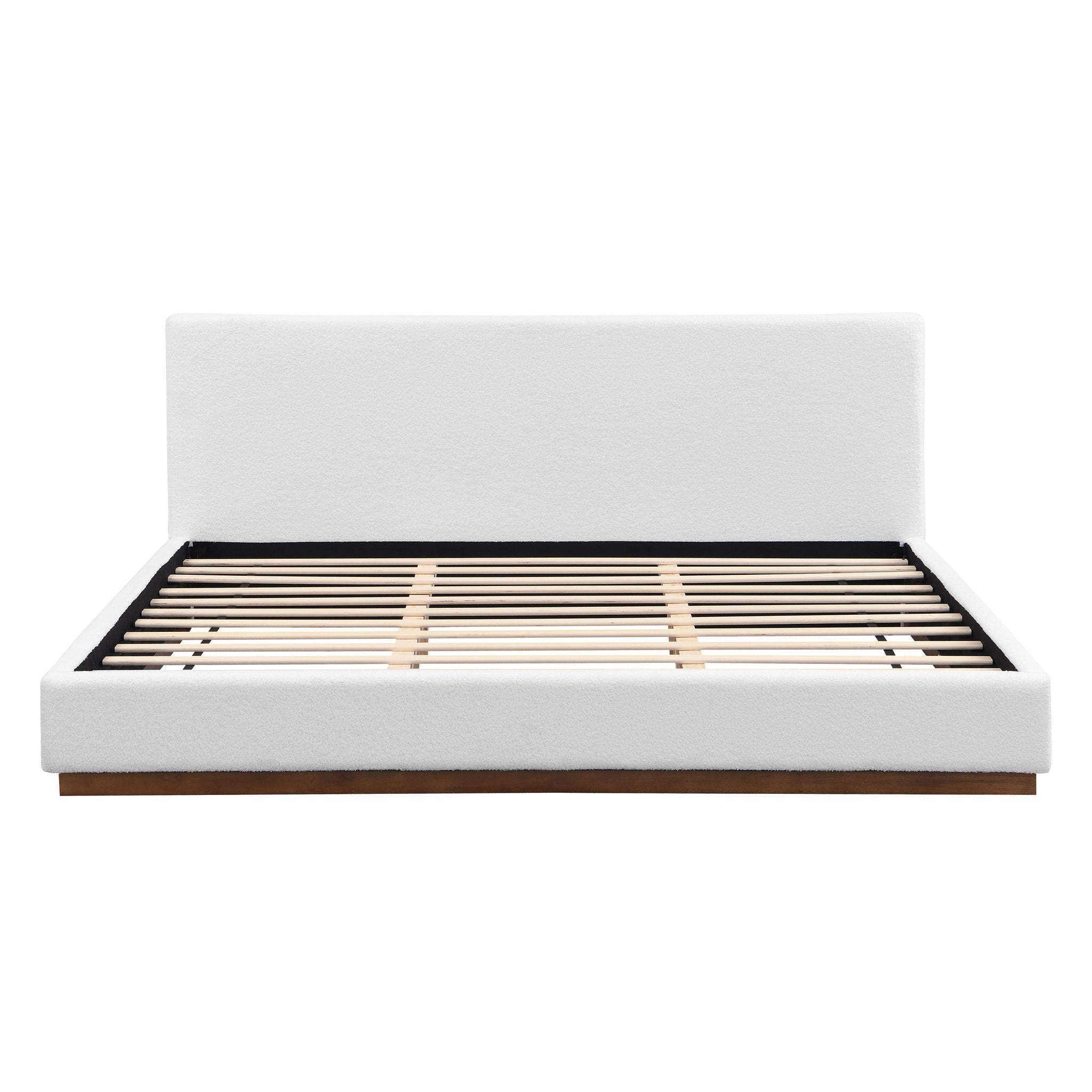 Elegant Boucle Upholstered Bed With Wood Grain Textured Solid Wood Base Frame
