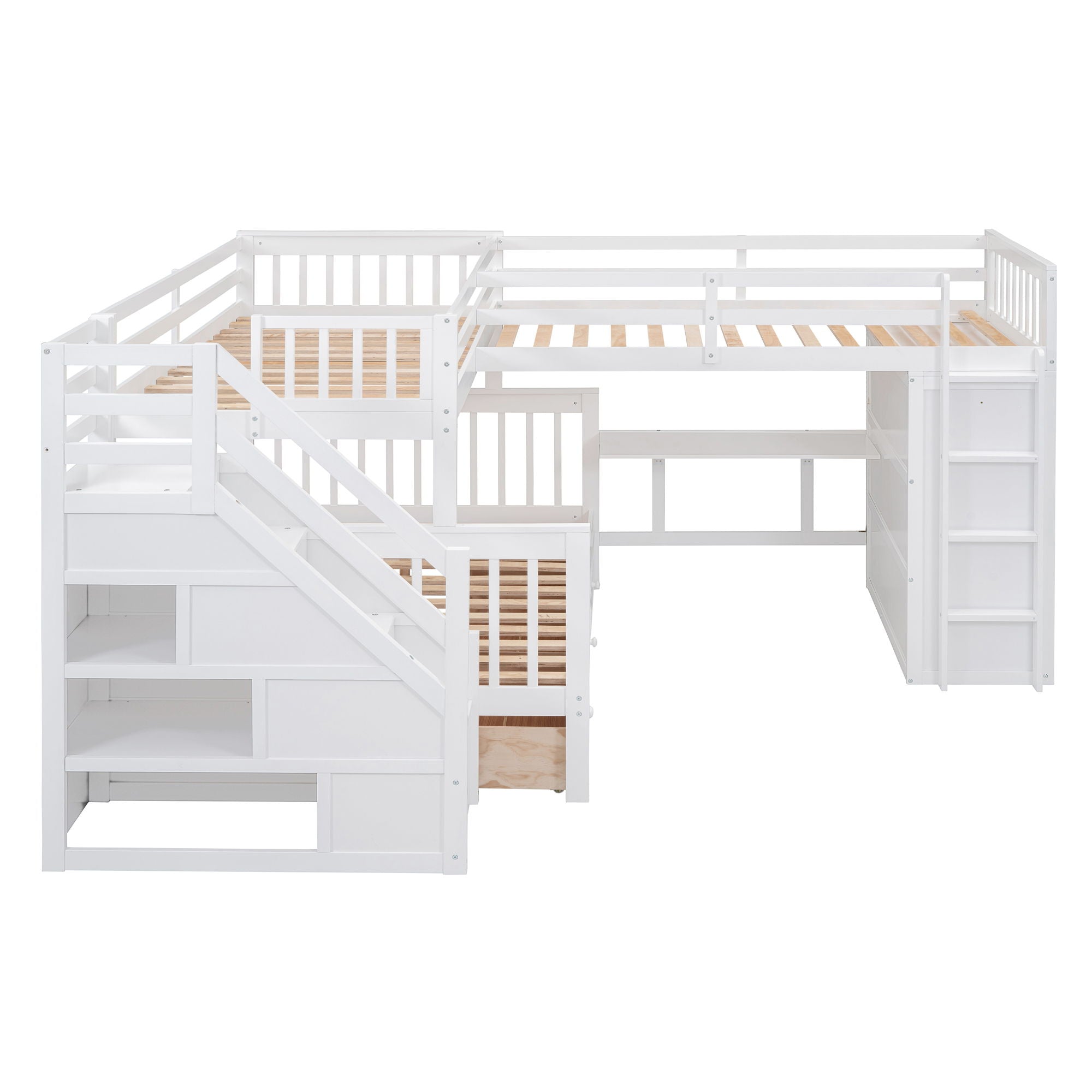 L Shaped Bunk Bed With 3 Drawers, Portable Desk And Wardrobe