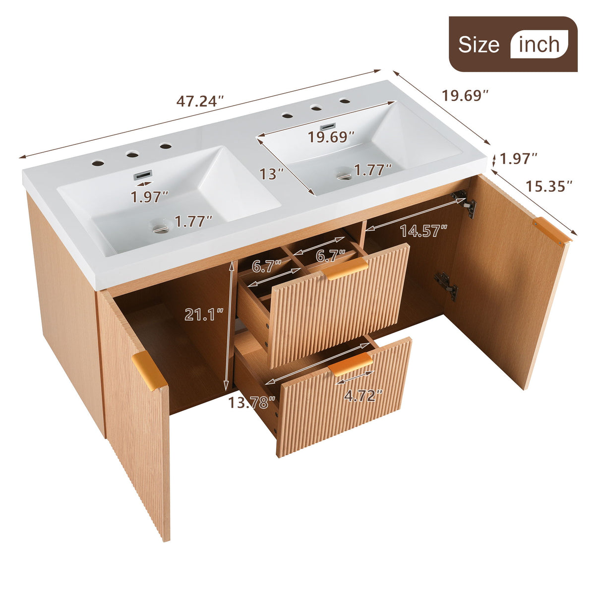Double Sink Bathroom Vanity, Cabinet, Soft Close Doors, Divided Drawers, Wall Mounted Storage - Wood