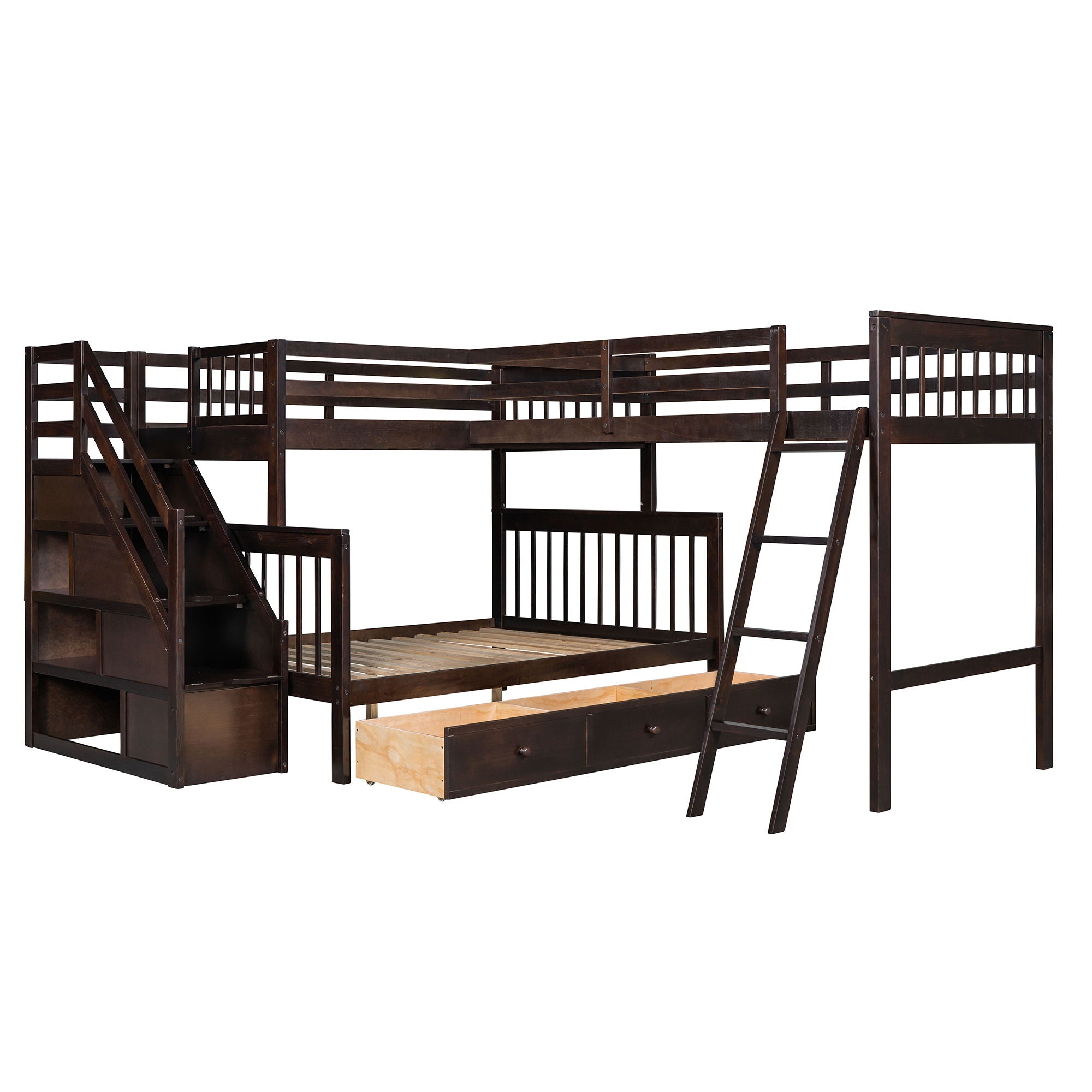 Solid L Shaped Bunk Bed With 3 Drawers, Ladder And Staircase