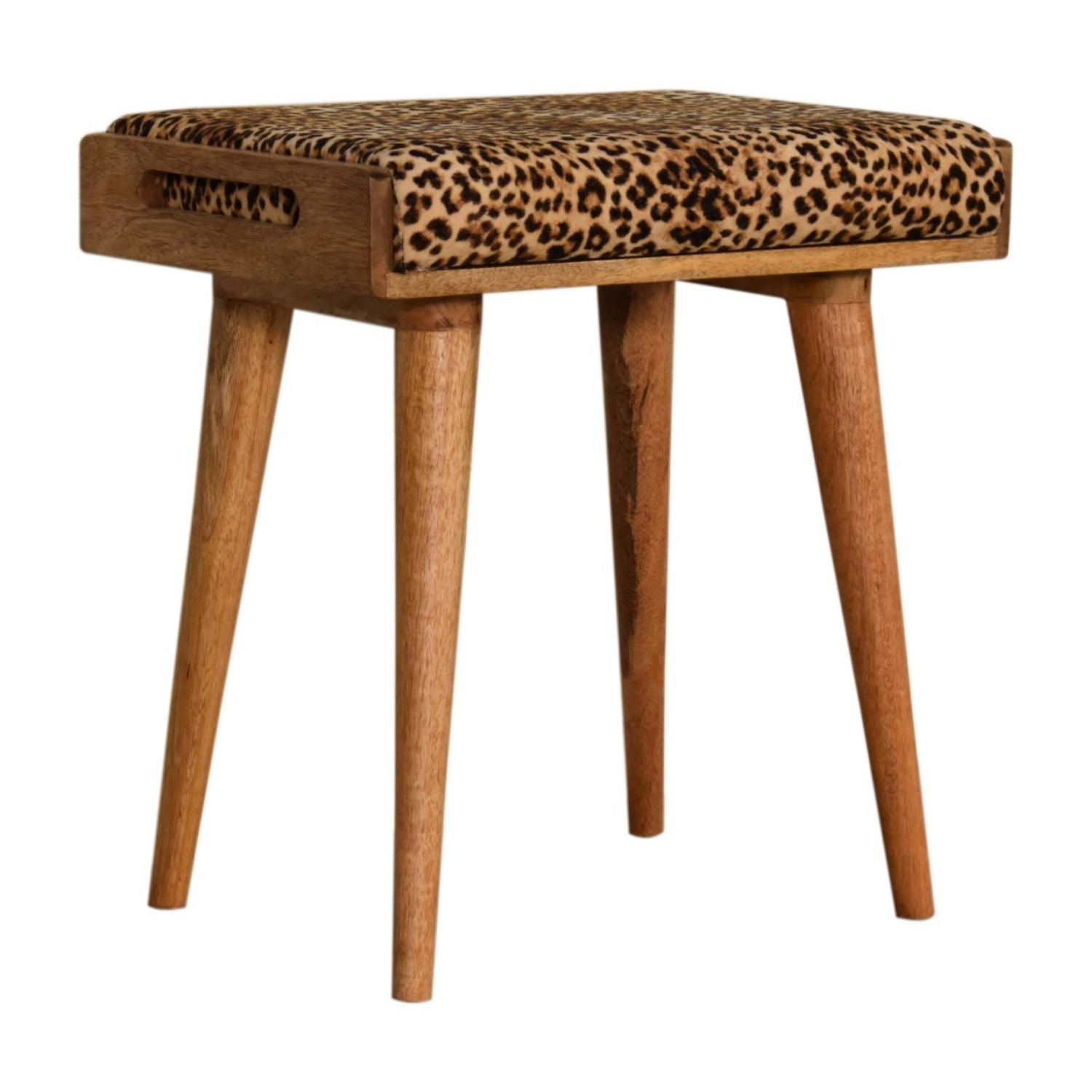 Leopard Velvet Tray Style Footstool - Brown Oak
