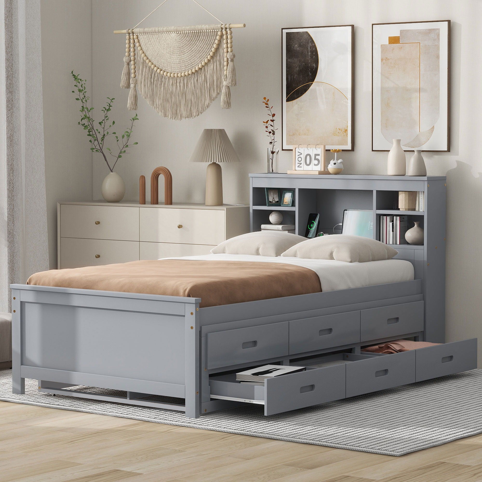 Platform Bed With Storage Headboard, USB, Trundle And 3 Drawers