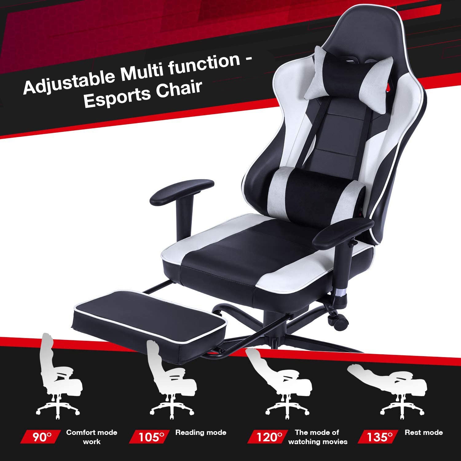 Game chair, ergonomically designed computer chair with headrest and 2D armrests, waist pillow electronic lounge chair with vibration massage function, competitive chair
