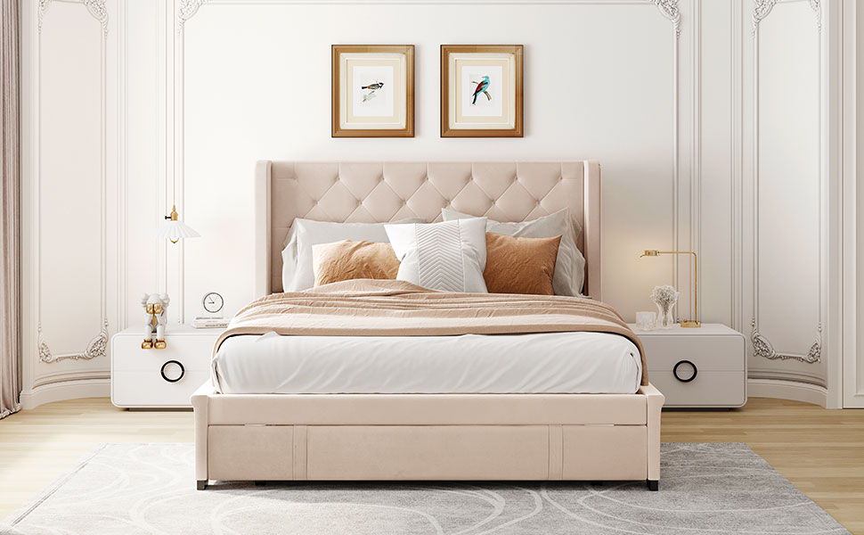 Storage Bed Velvet Upholstered Platform Bed With Wingback Headboard And A Big Drawer