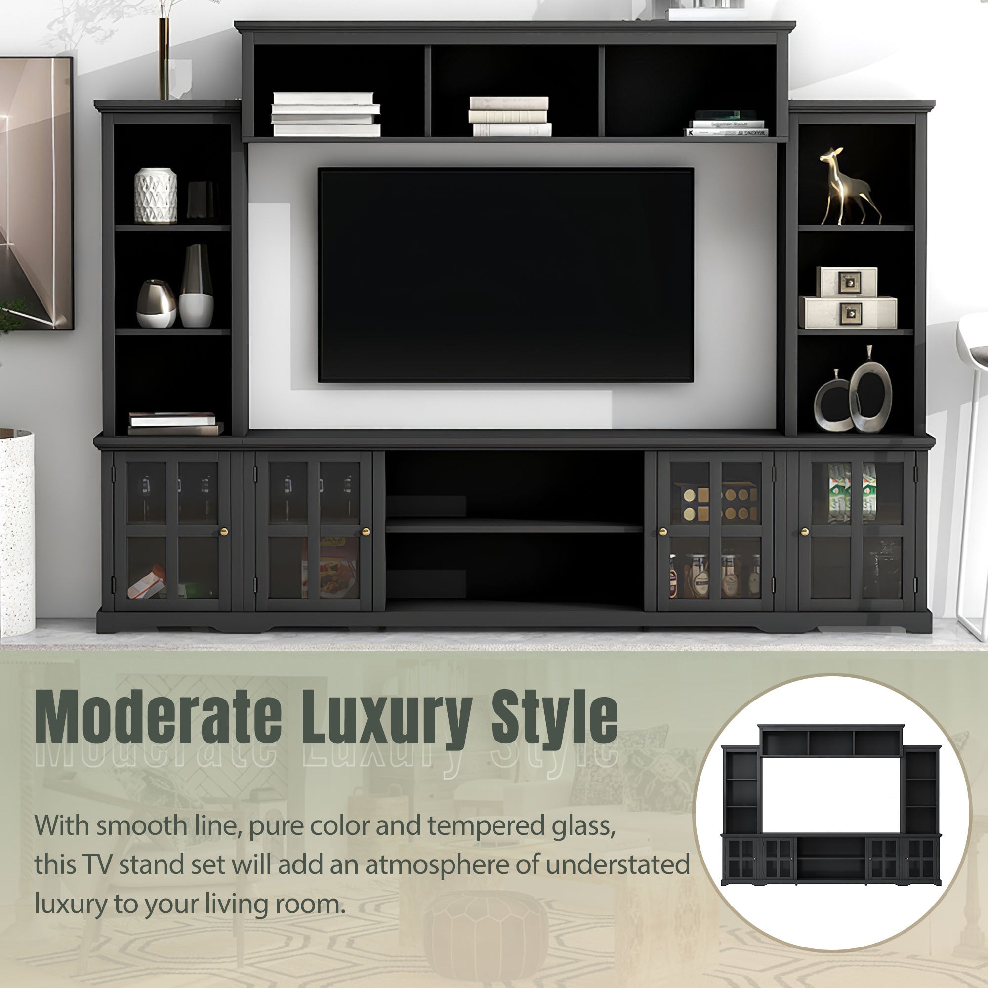 Entertainment Wall Unit with Bridge, Modern TV Console Table for TVs Up to 70" Multifunctional TV Stand with Tempered Glass Door Black