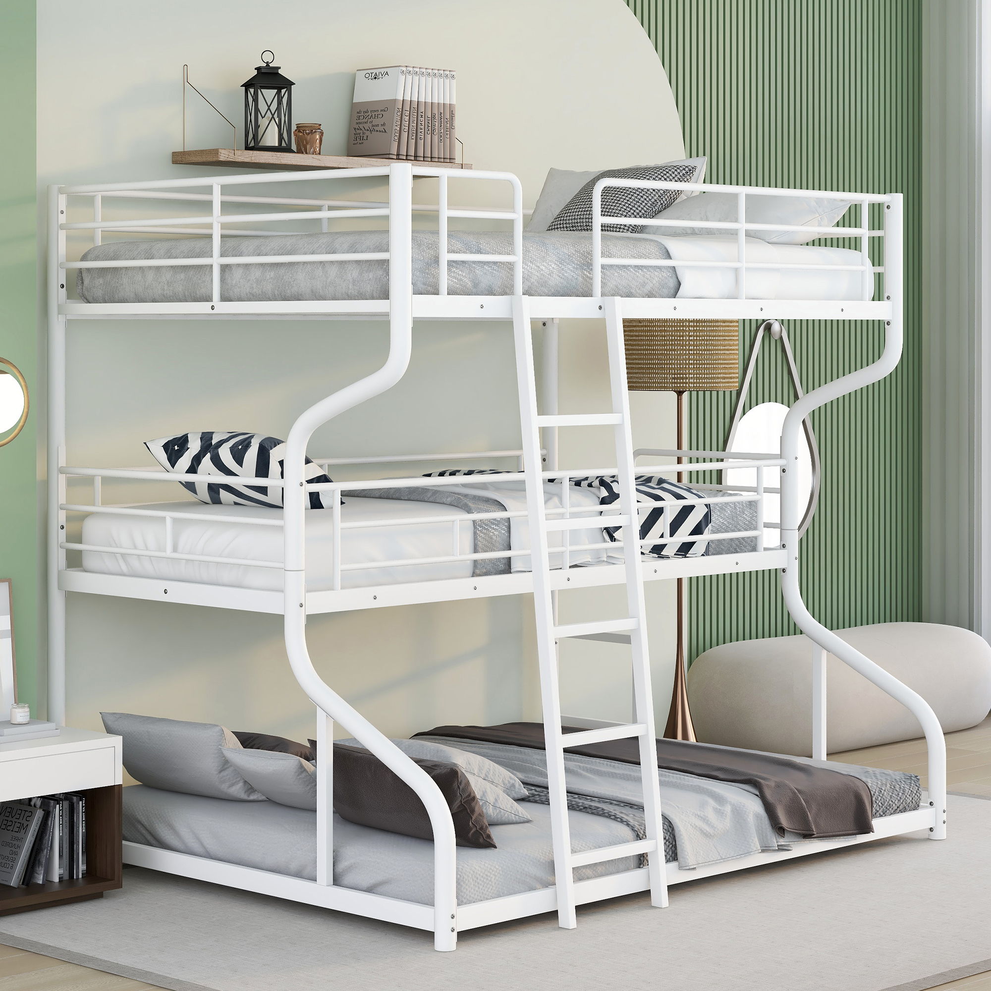 Industrial Triple Bunk Bed With Dual Ladders Frame, Space Saving Design
