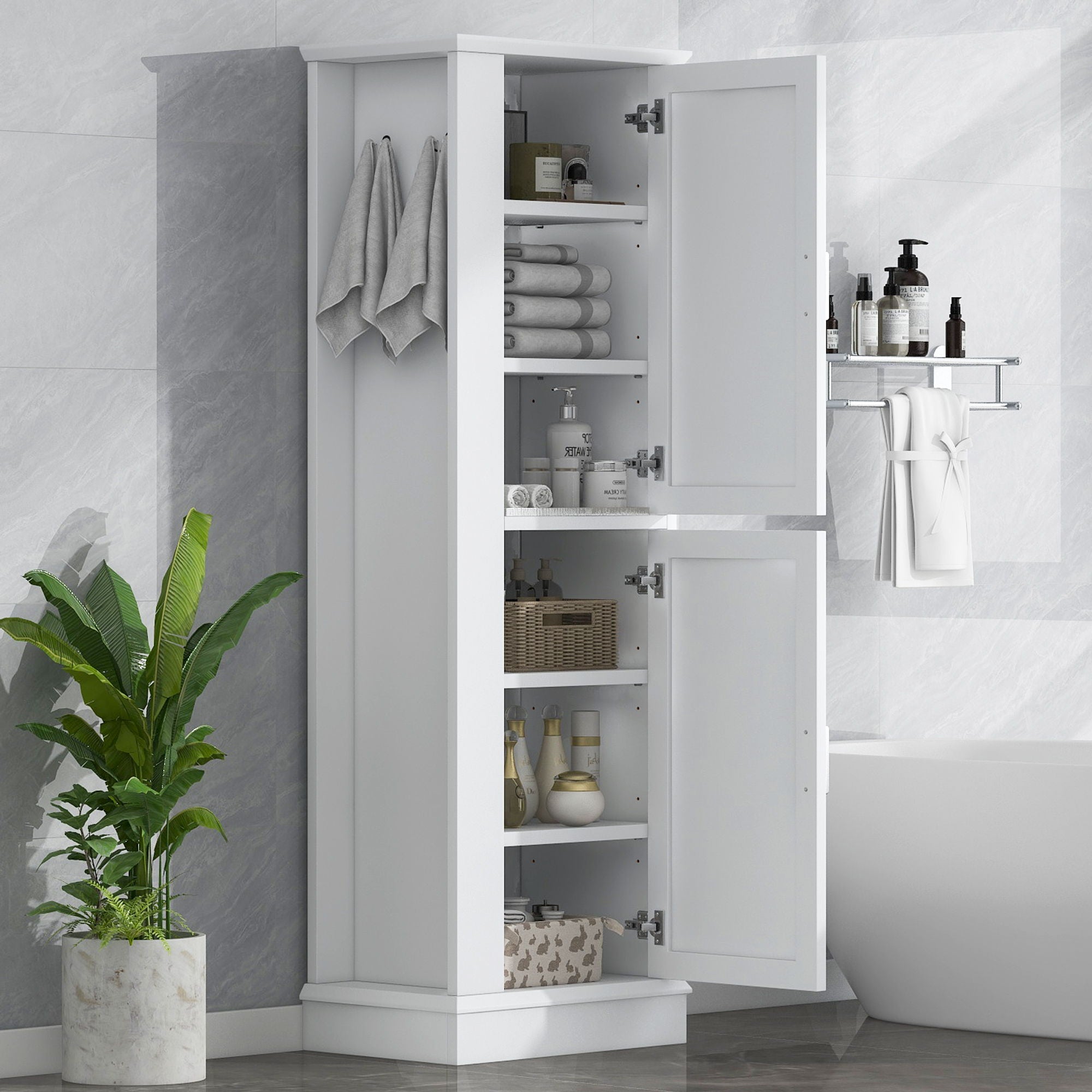 Tall Freestanding Bathroom Storage Cabinet With Adjustable Shelves And Side Hooks