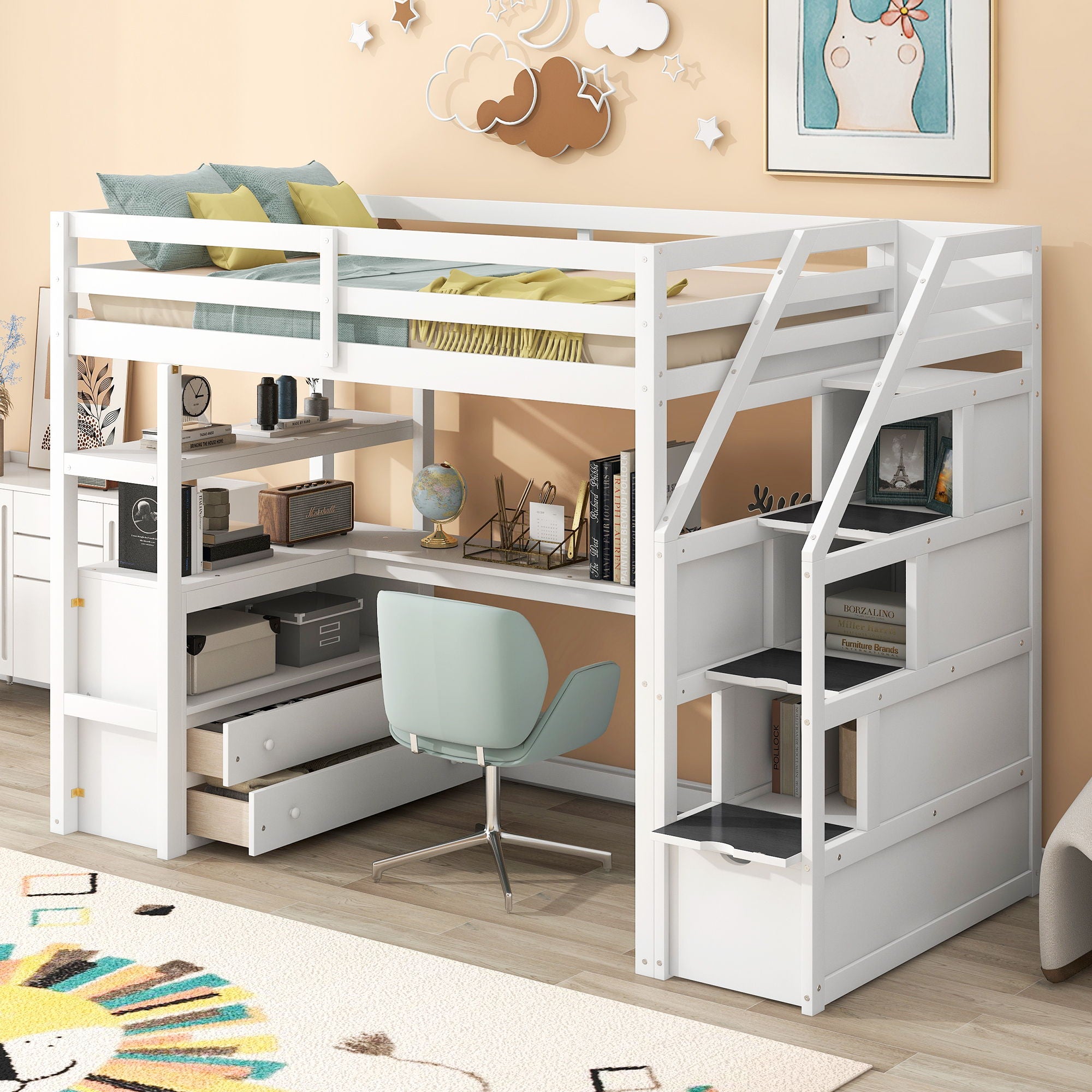 Loft Bed With Desk, Shelves, 2 Drawers, Storage Staircase