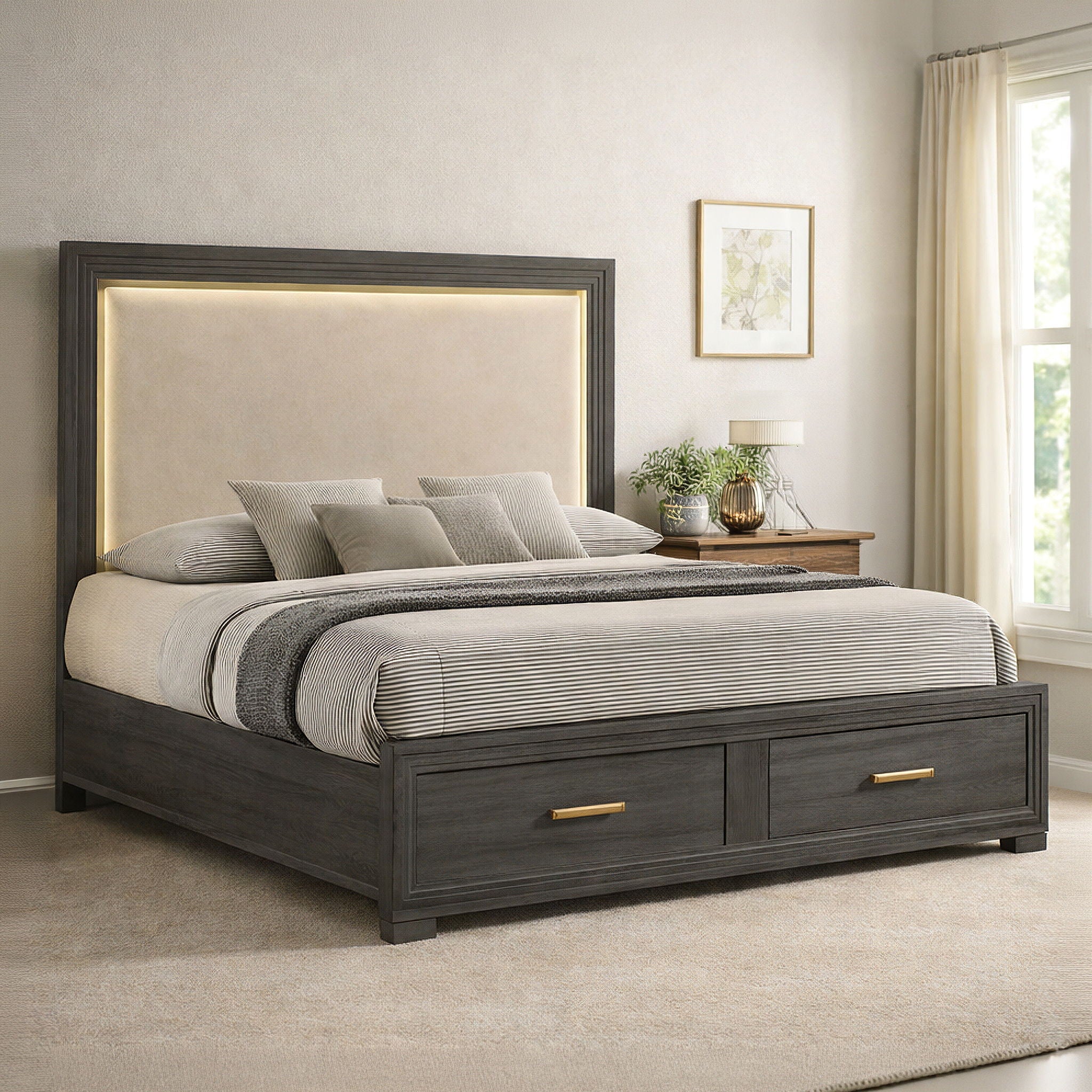 Colorado - Queen Bed With Upholstered LED Headboard - Charcoal