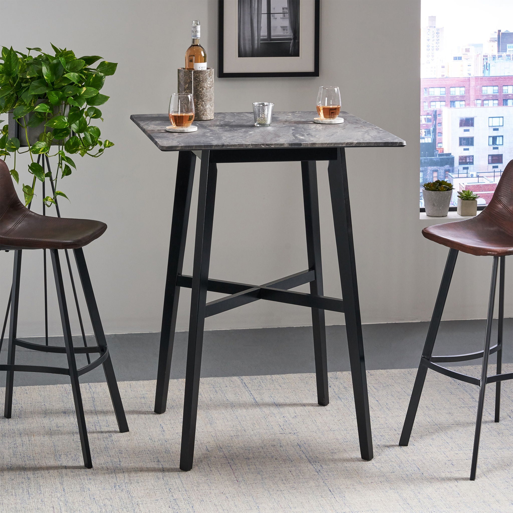 Modern Bar Height Dining Table, Rubberwood Legs And Laminate Table Top, Paladina Marble - Black