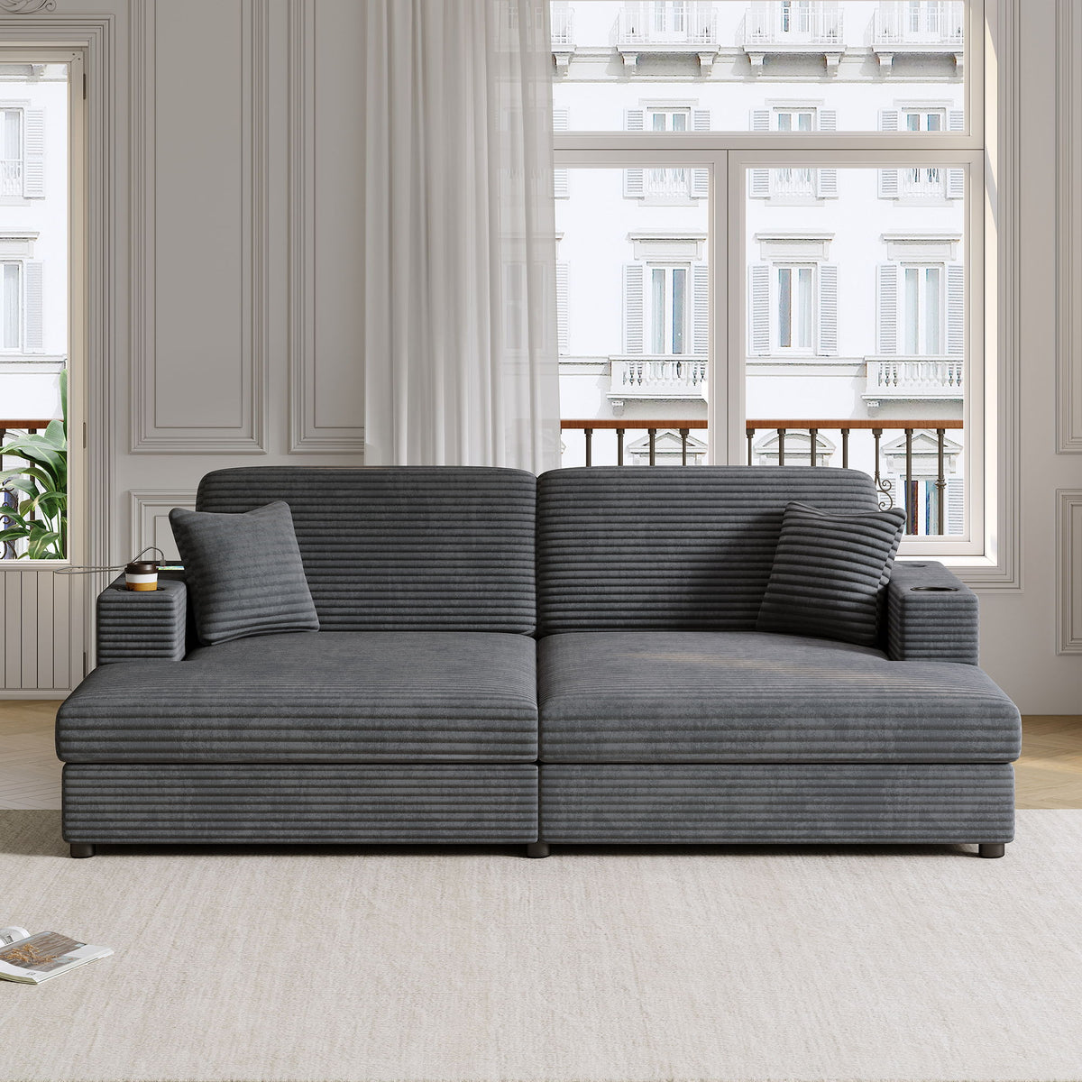 Oversized Loveseat Chaise With 2 USB Ports, 2 Cup Holders And 2 Throw Pillows