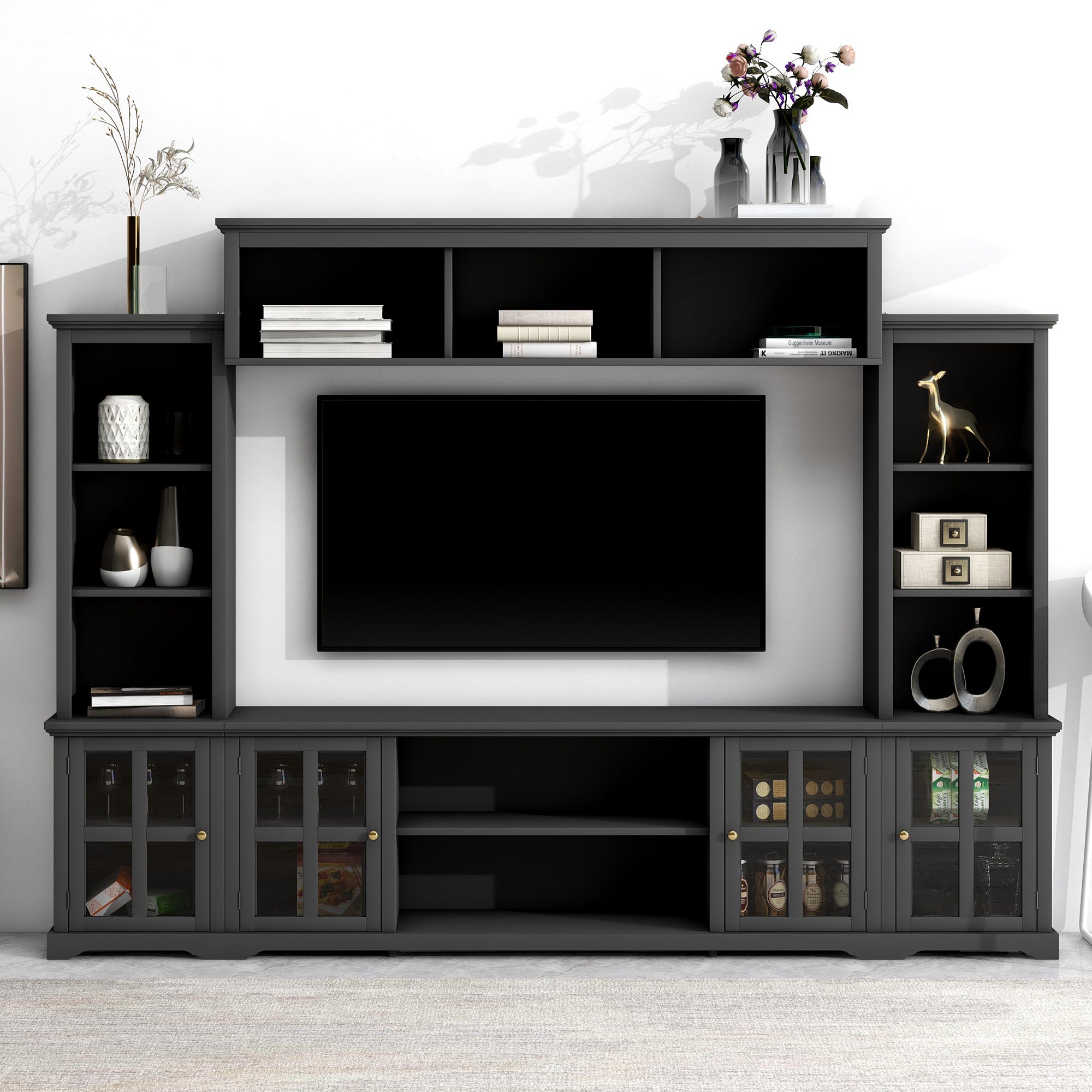 Entertainment Wall Unit with Bridge, Modern TV Console Table for TVs Up to 70" Multifunctional TV Stand with Tempered Glass Door Black