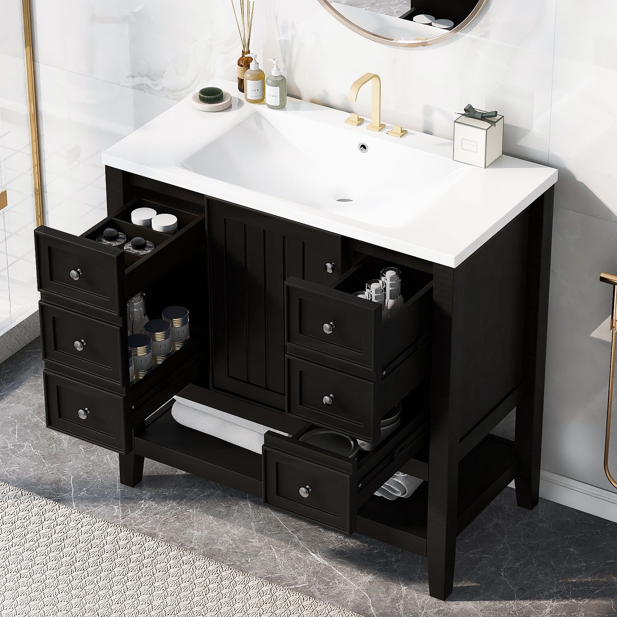 36" Bathroom Vanity & Sink, 2 Cabinet And 3 Drawers - Black