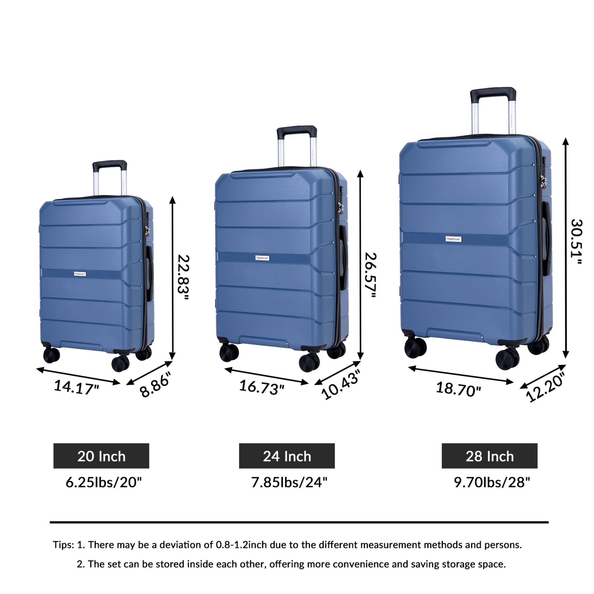 Hardshell Suitcase Spinner Wheels Pp Luggage Sets Lightweight Durable Suitcase With Tsa Lock, 3 Piece Set (20/24/28) - Blue
