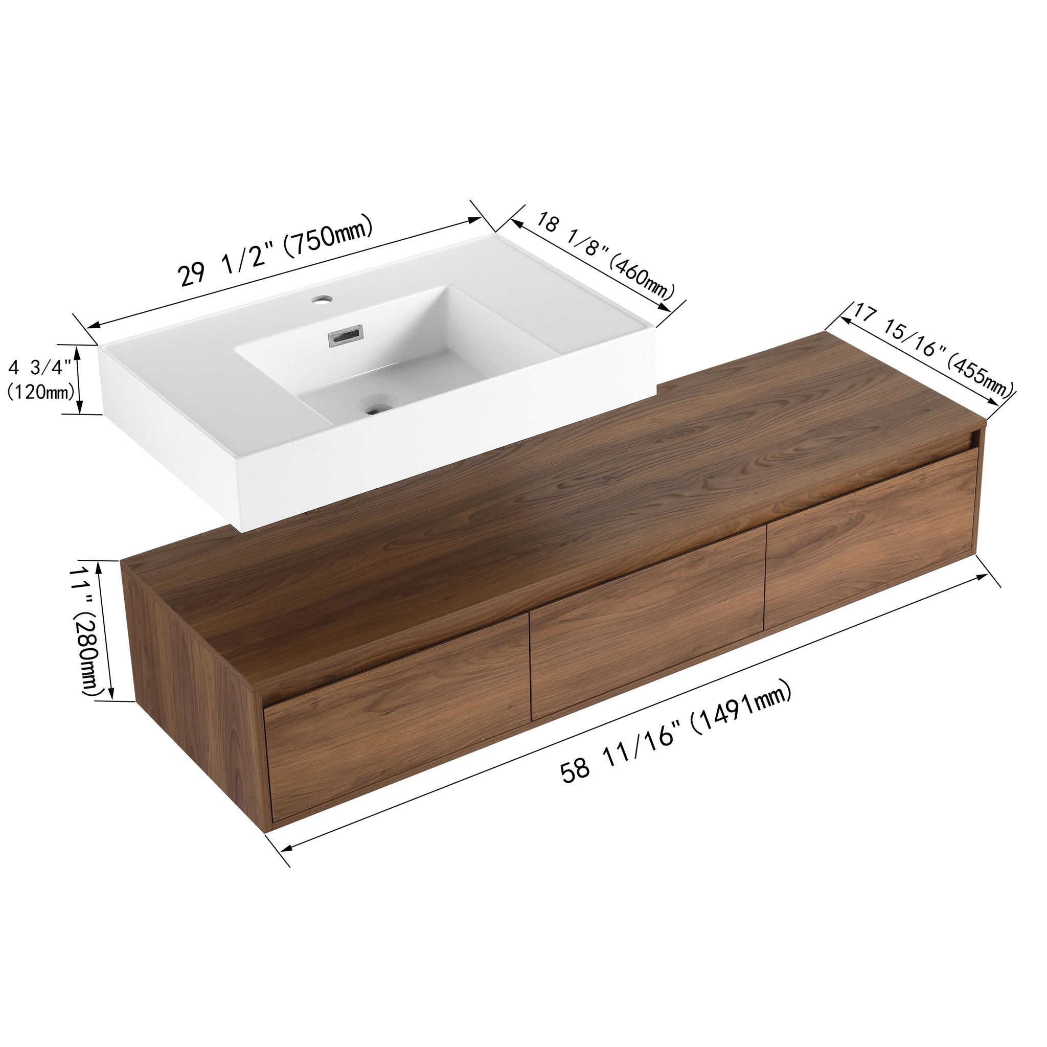 Modern Wall Mounted Bathroom Vanity With Resin Sink And Soft Close Drawer - Brown Ebony