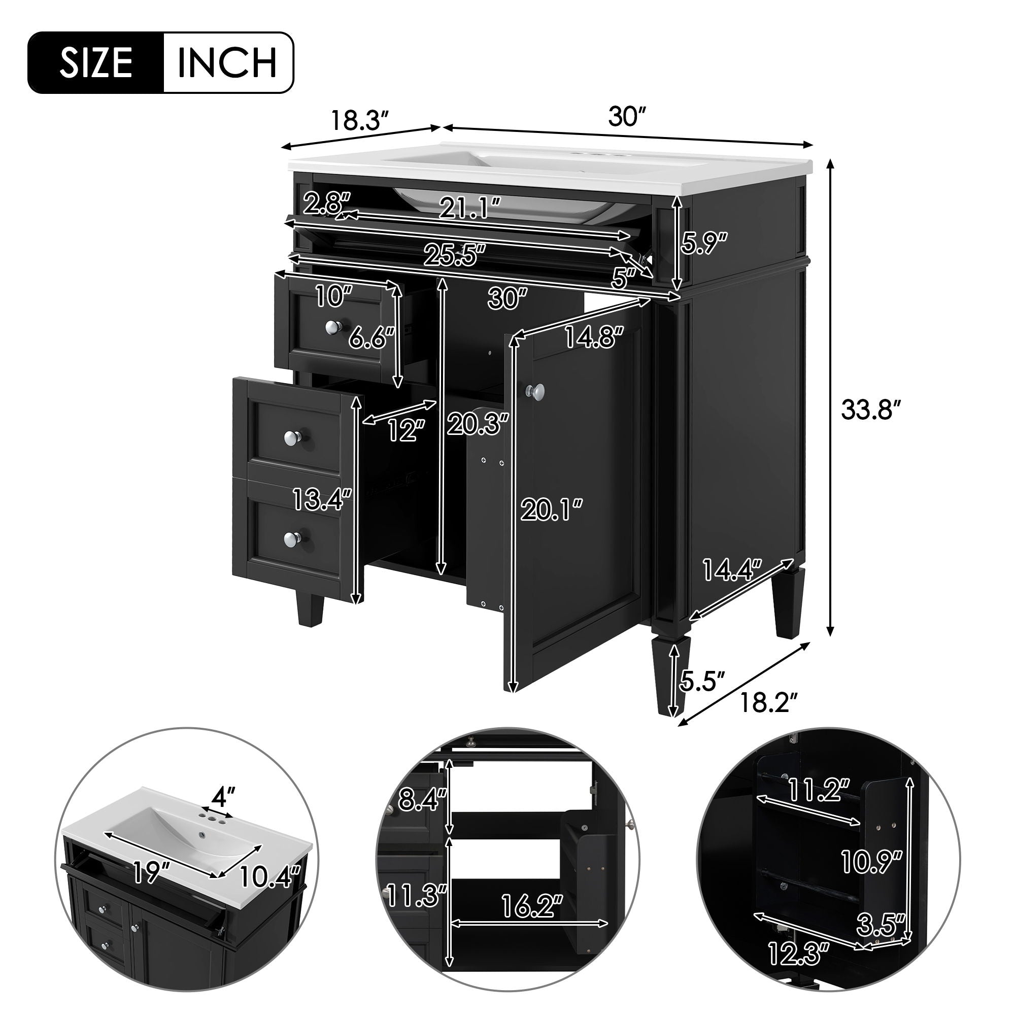 Bathroom Vanity With Top Sink, 3 Drawer Storage Cabinet, Rectangular Design - Black
