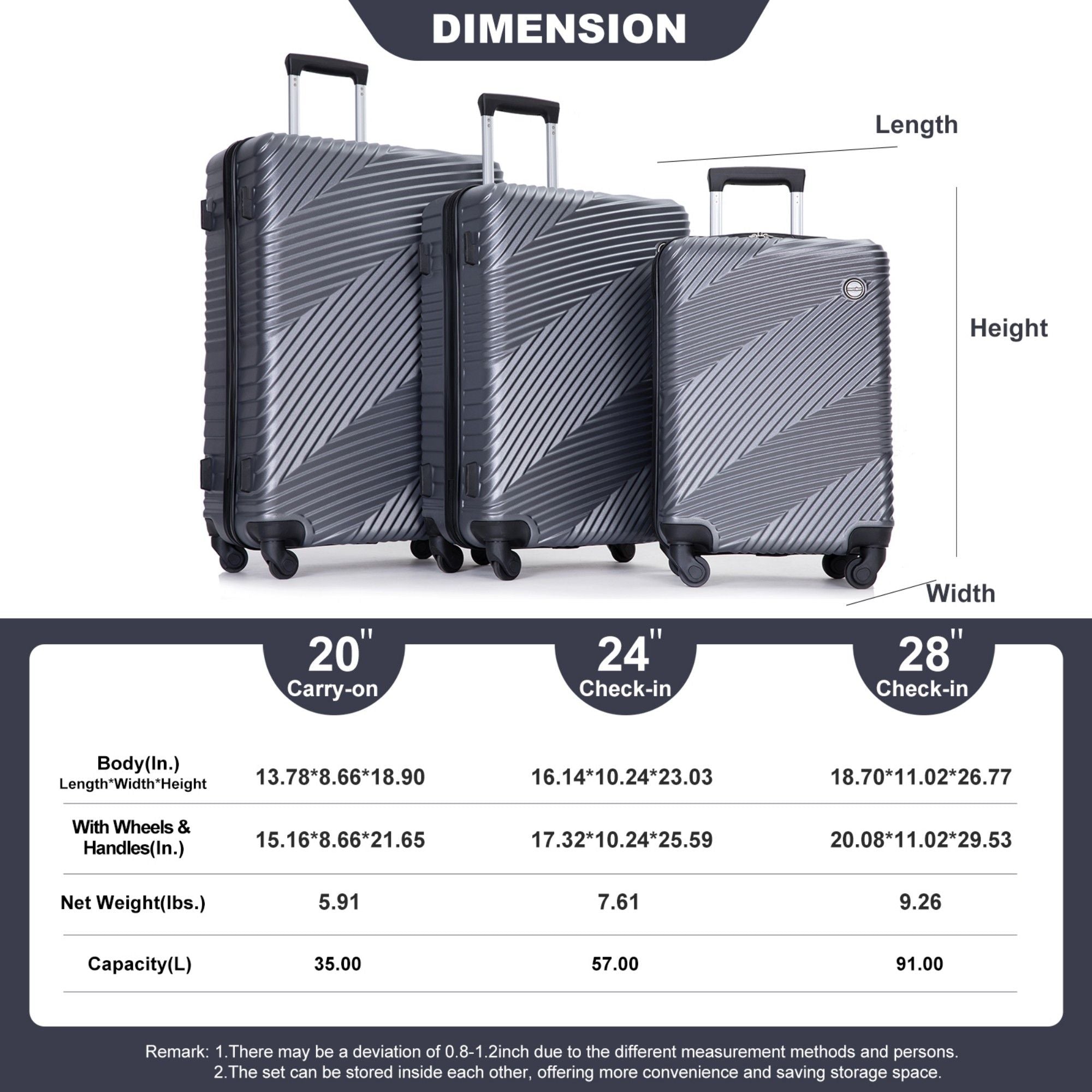 3 Piece Luggage Sets Lightweight Suitcase With Two Hooks, Spinner Wheels,
