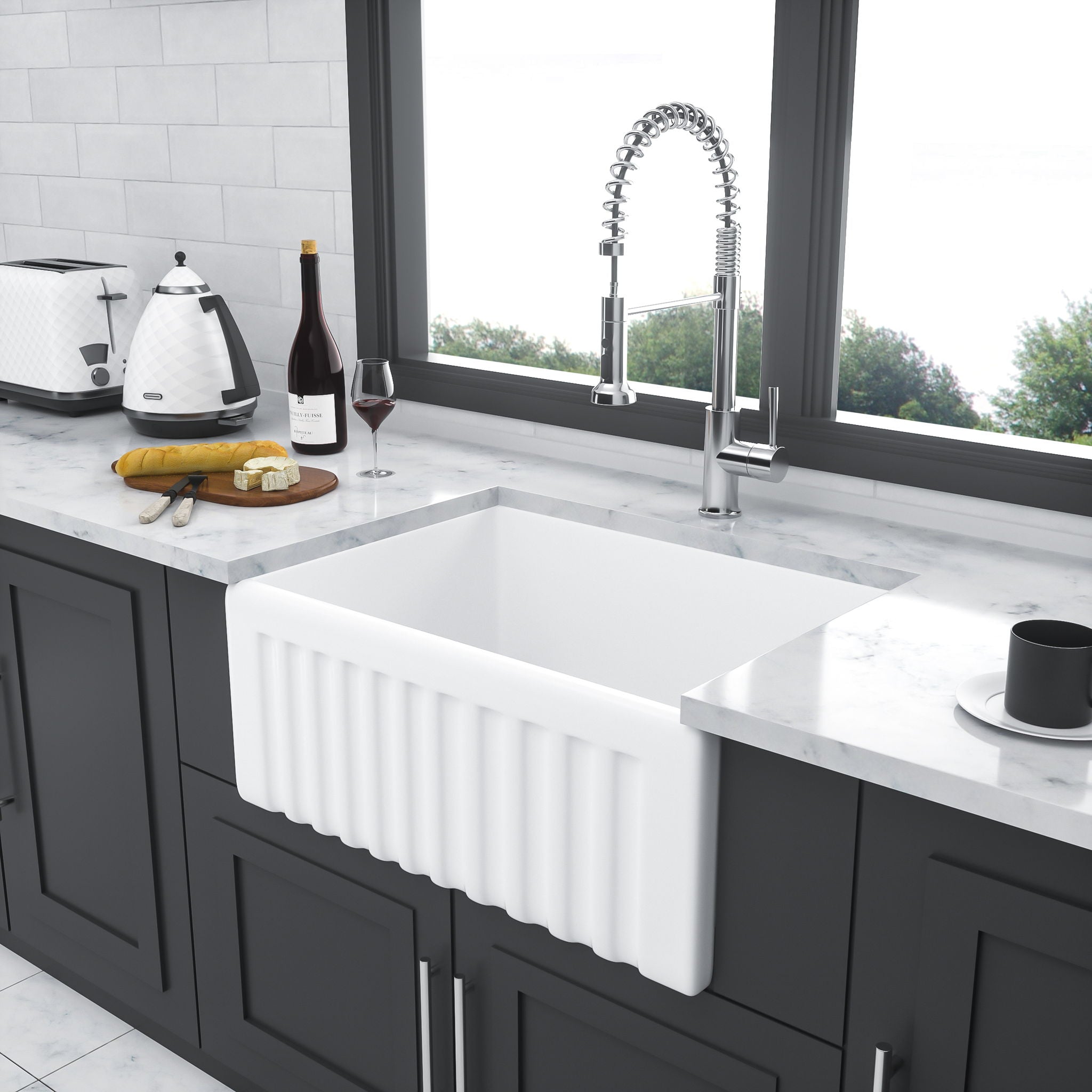 Elegant Farmhouse Style Small Apron Front Ceramic Kitchen Sink 24" Single Bowl Reversible Design - White