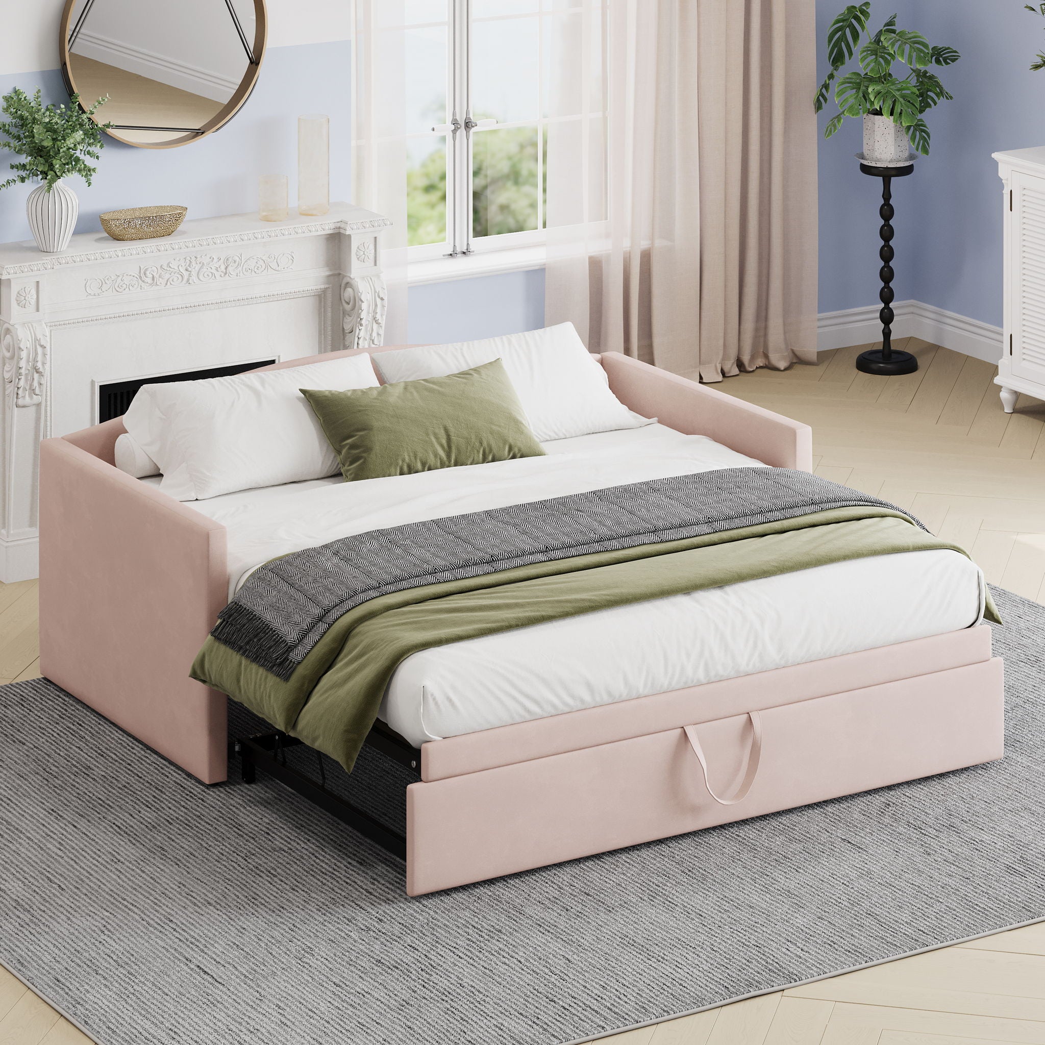 Daybed With Extended Pop Up Trundle, Upholstered Sofa Bed Daybed