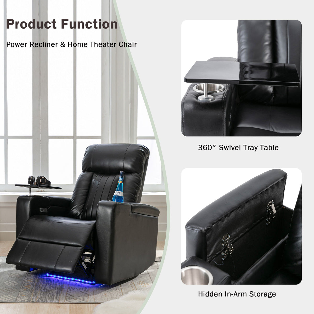 Premium Power Recliner & Storage Arms, Cupholders, Swivel Tray Table And Cell Phone Stand - Black