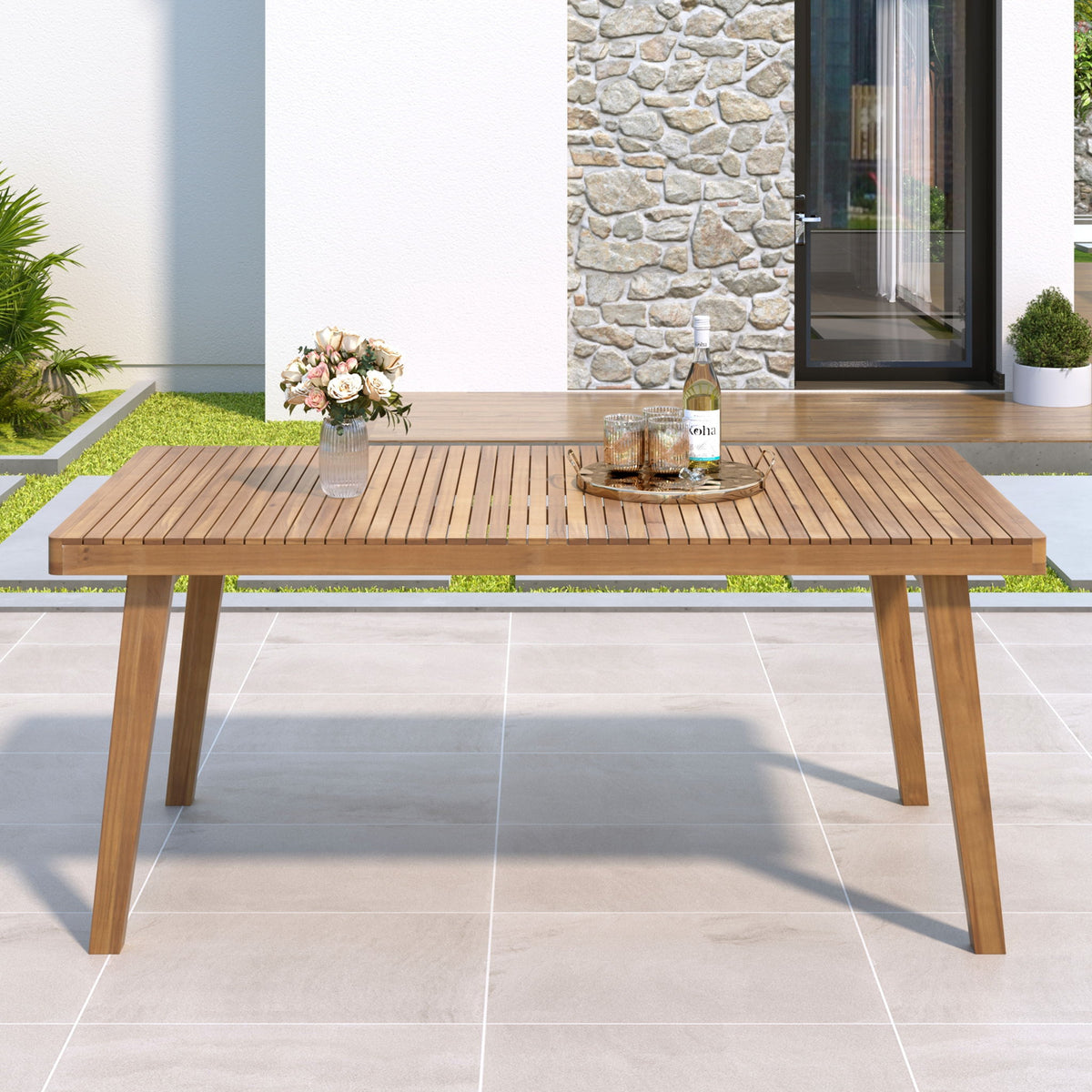 Outdoor Dining Table With Slatted Top, Ideal For Patio