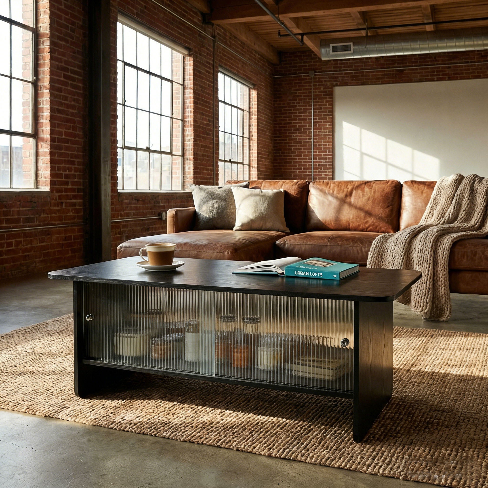 Rectangular Coffee Table With Sliding Door Storage Center