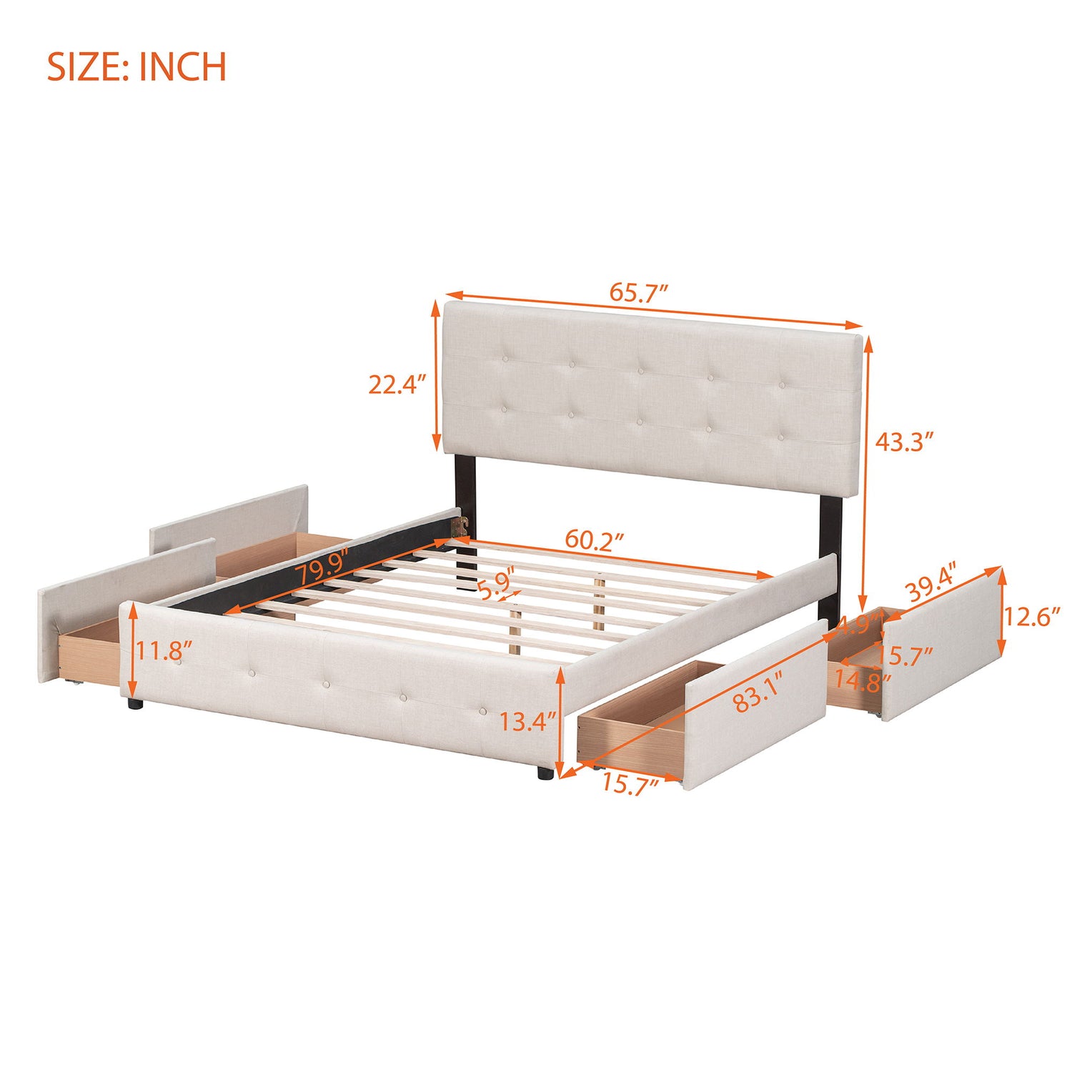 Upholstered Platform Bed With Classic Headboard And Drawers, No Box Spring Needed