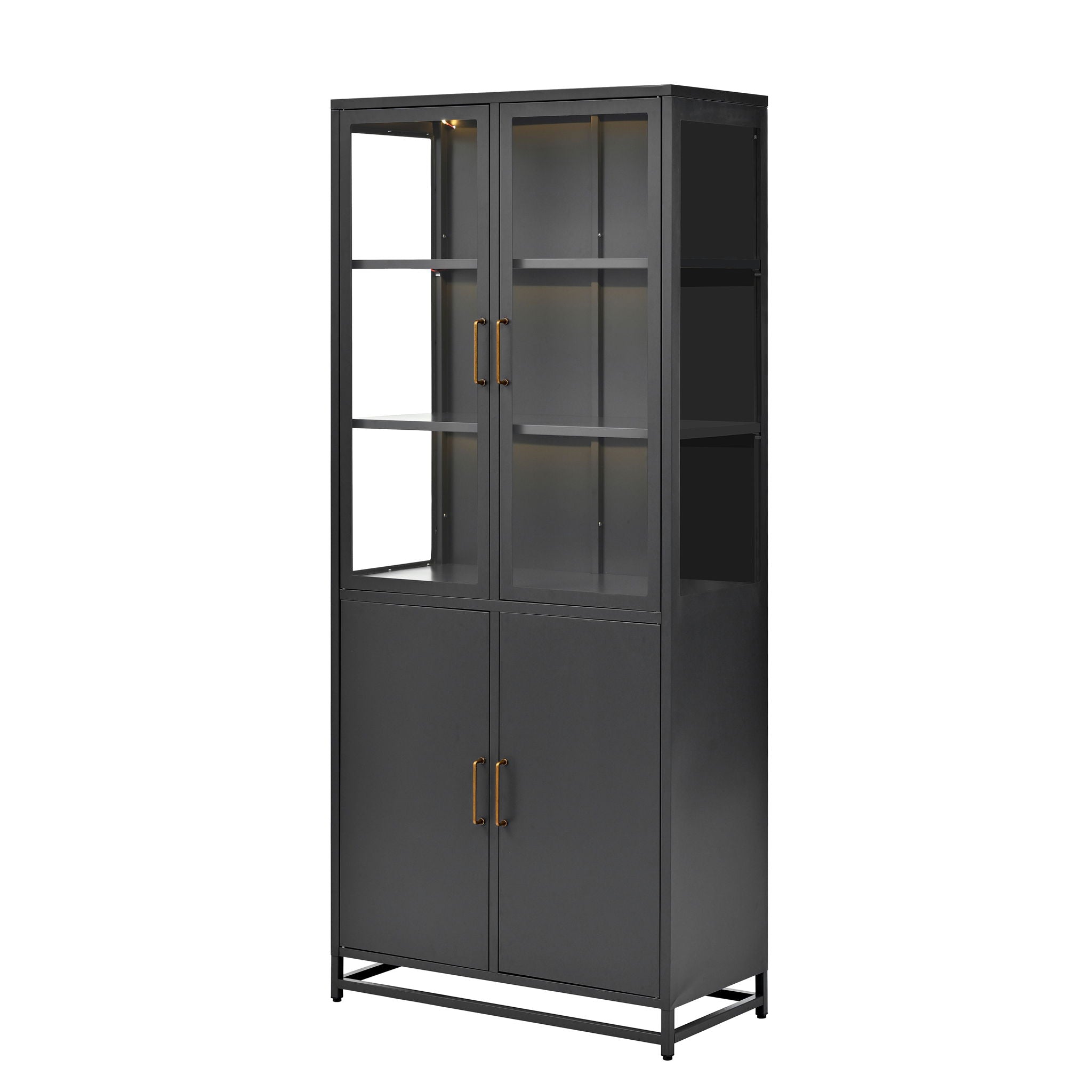 Modern Style Tall Steel Display Cabinet With Double Glass Doors, LED Lights