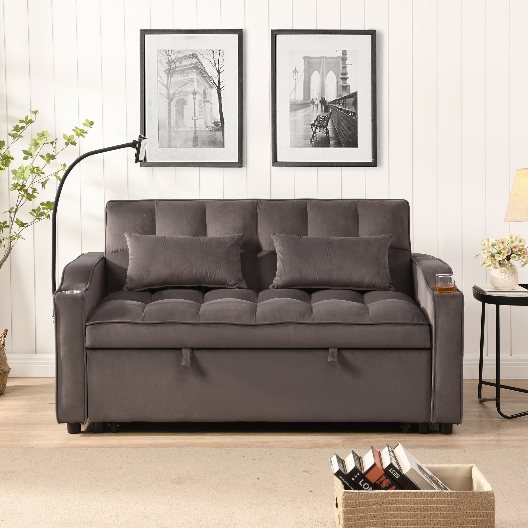 Modern Velvet Loveseat With Pullout Bed, Adjustable Reclining Backrest