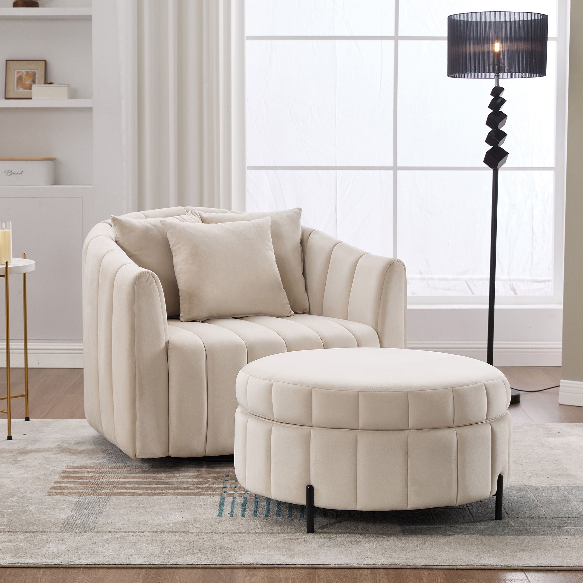Oversized Velvet Swivel Barrel Accent Chair And Ottoman Set With Storage