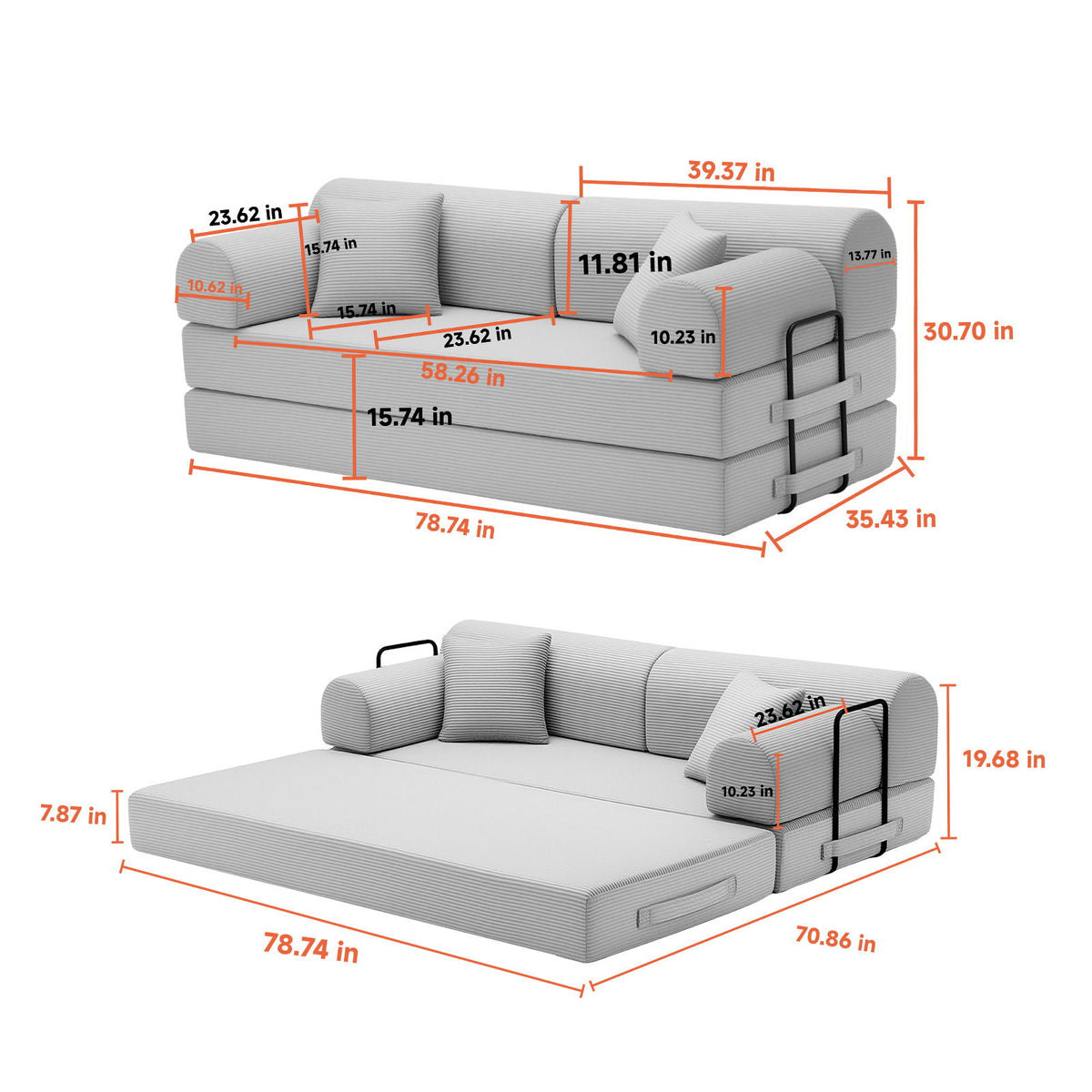 Convertible Sleeper Sofa Bed, Folding Mattress Couch With Fixed Shape For Living Room - Black