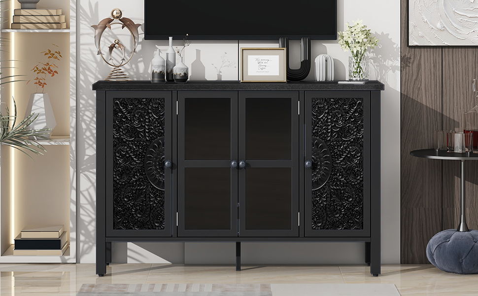 Retro TV Stand With 3 Spacious Cabinets, Glass Cabinet Doors And Anti-Tip Device