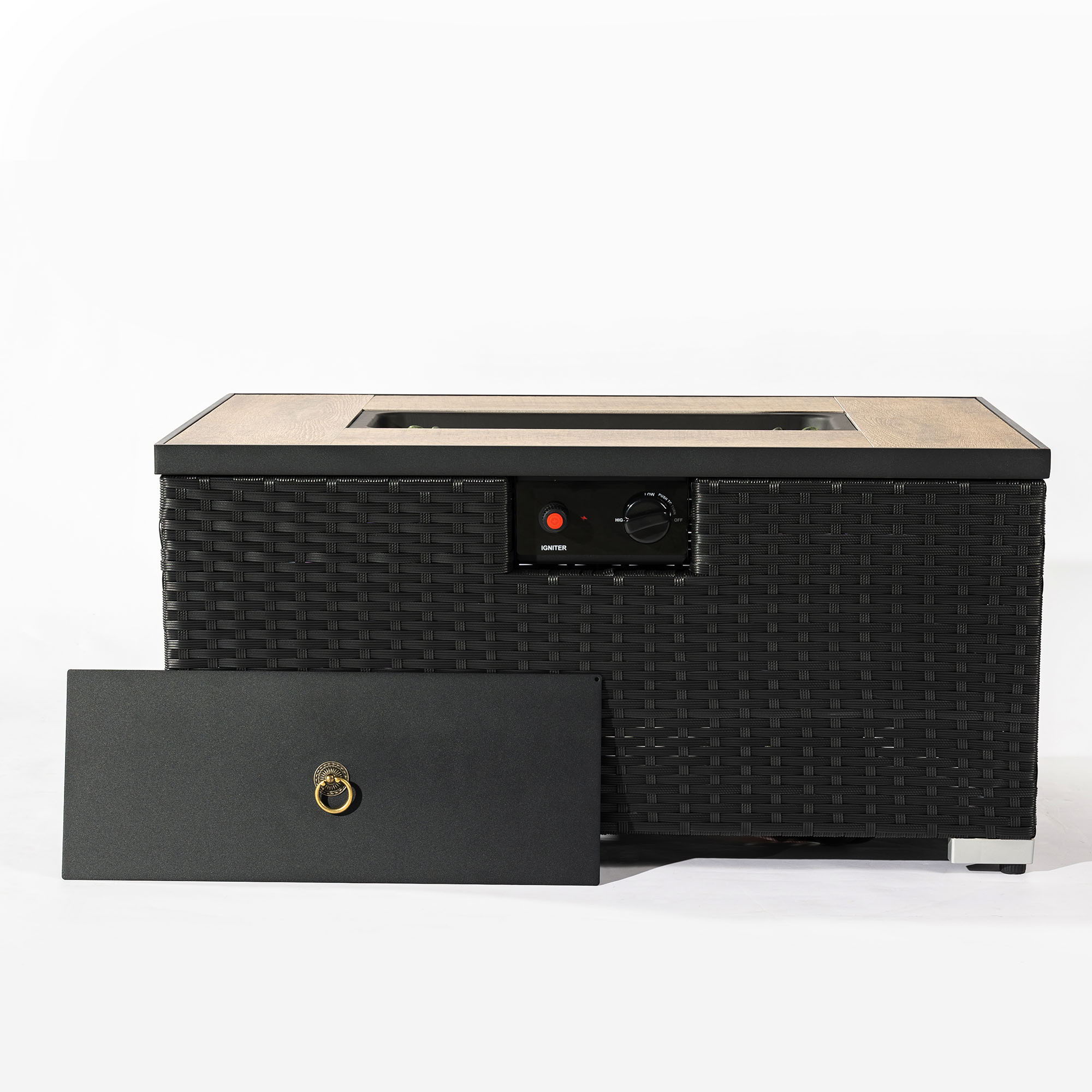 32" Propane Gas Fire Pit Table With Propane Tank Cover, 50000 Btu Rectangular Steel Fire Pit With Beautiful Wicker Base