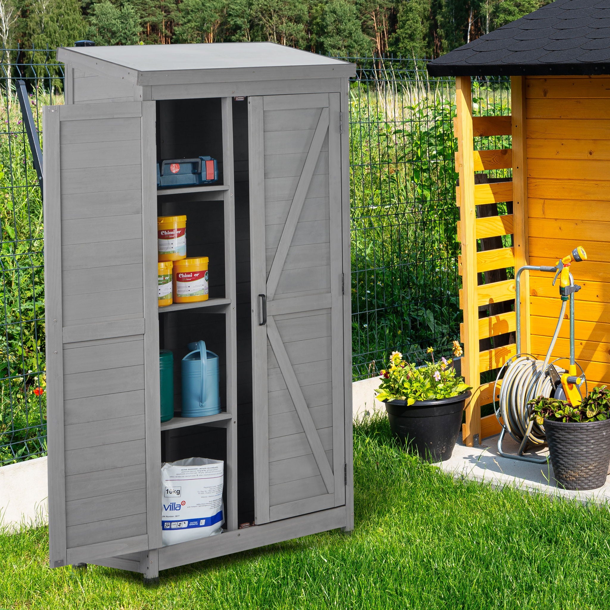 Wood Outdoor Storage Cabinet With Metal Top Garden Shed For Yard And Patio - Gray
