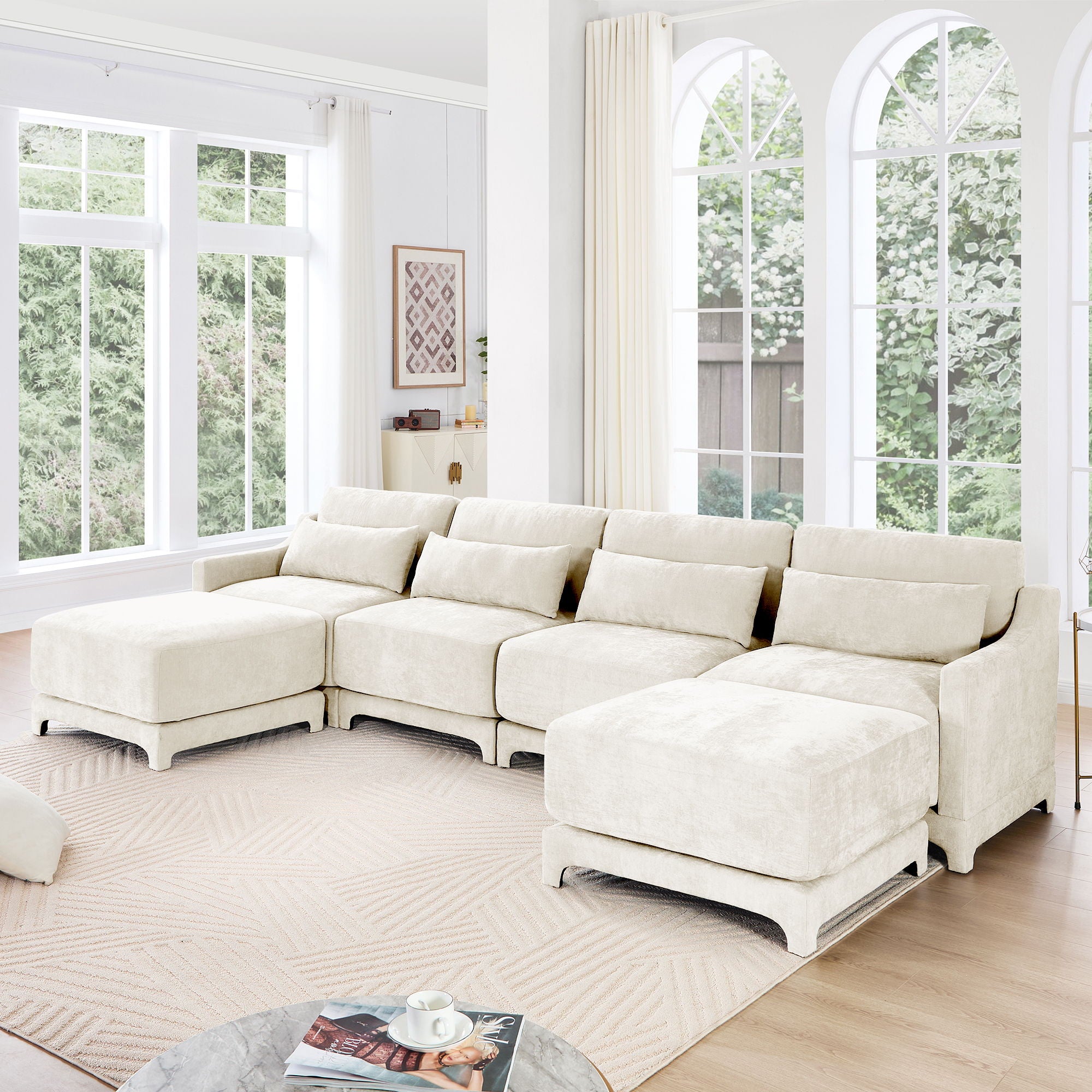 Stylish Sofa With Ottoman And Lumbar Pillows, Ergonomic Design