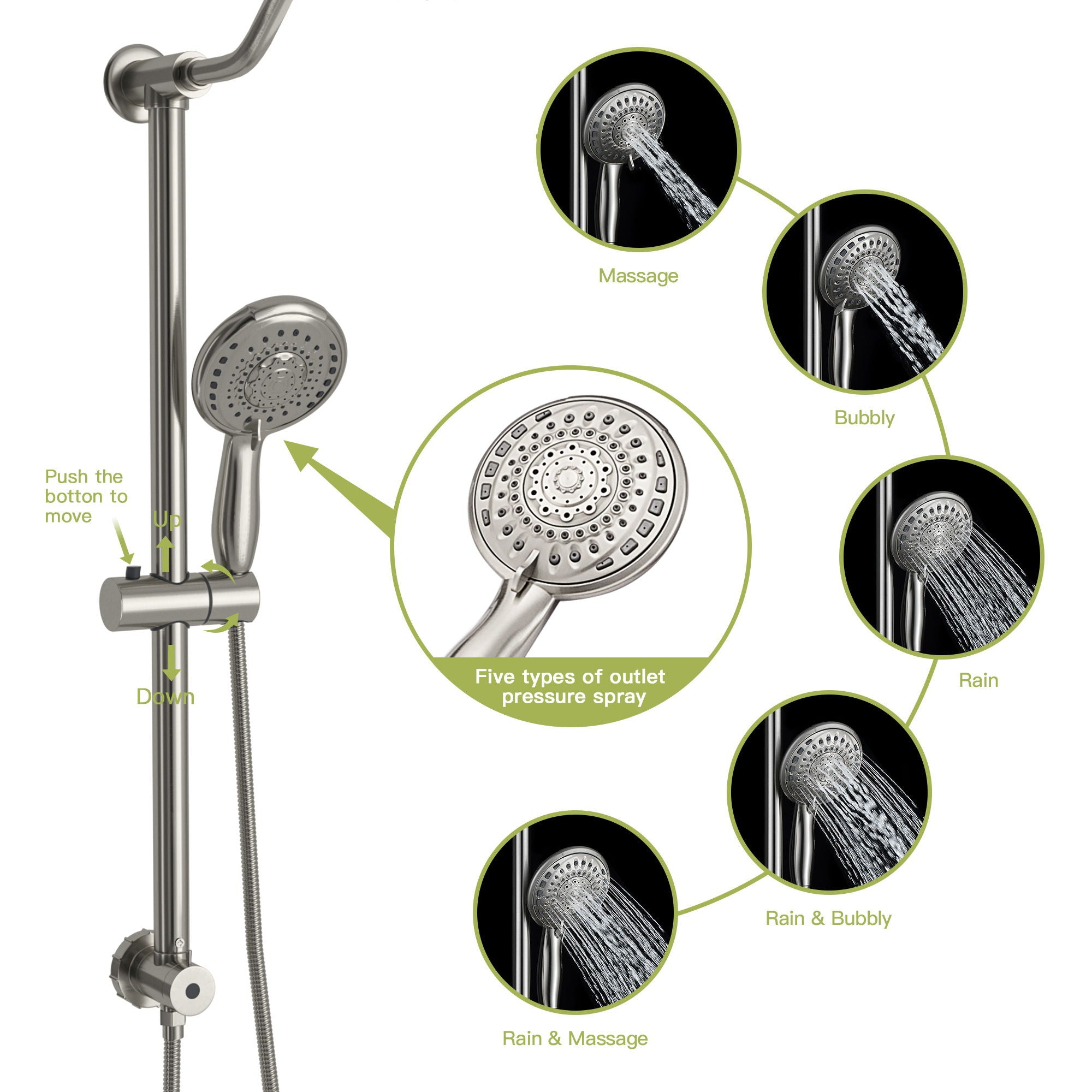 Shower System With 5 Function Rain Hand Shower And Slide Bar Combo