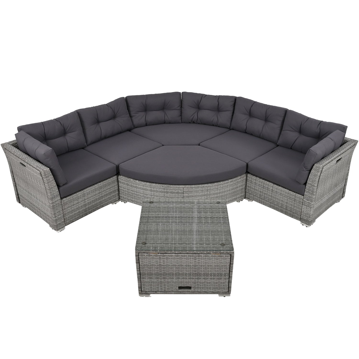 Elegant Patio Furniture Set Outdoor Daybed Rattan Sectional With Cushions And Center Table - Gray