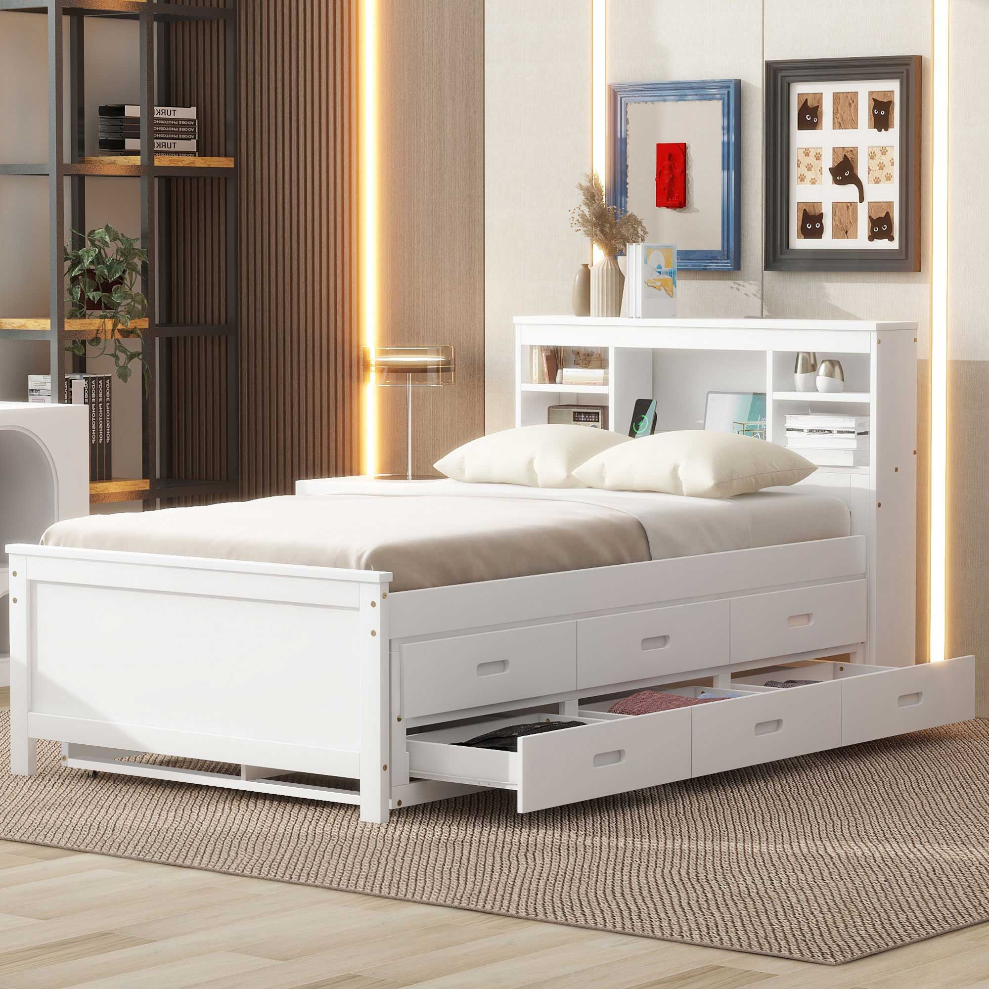 Platform Bed With Storage Headboard, USB, Trundle And 3 Drawers