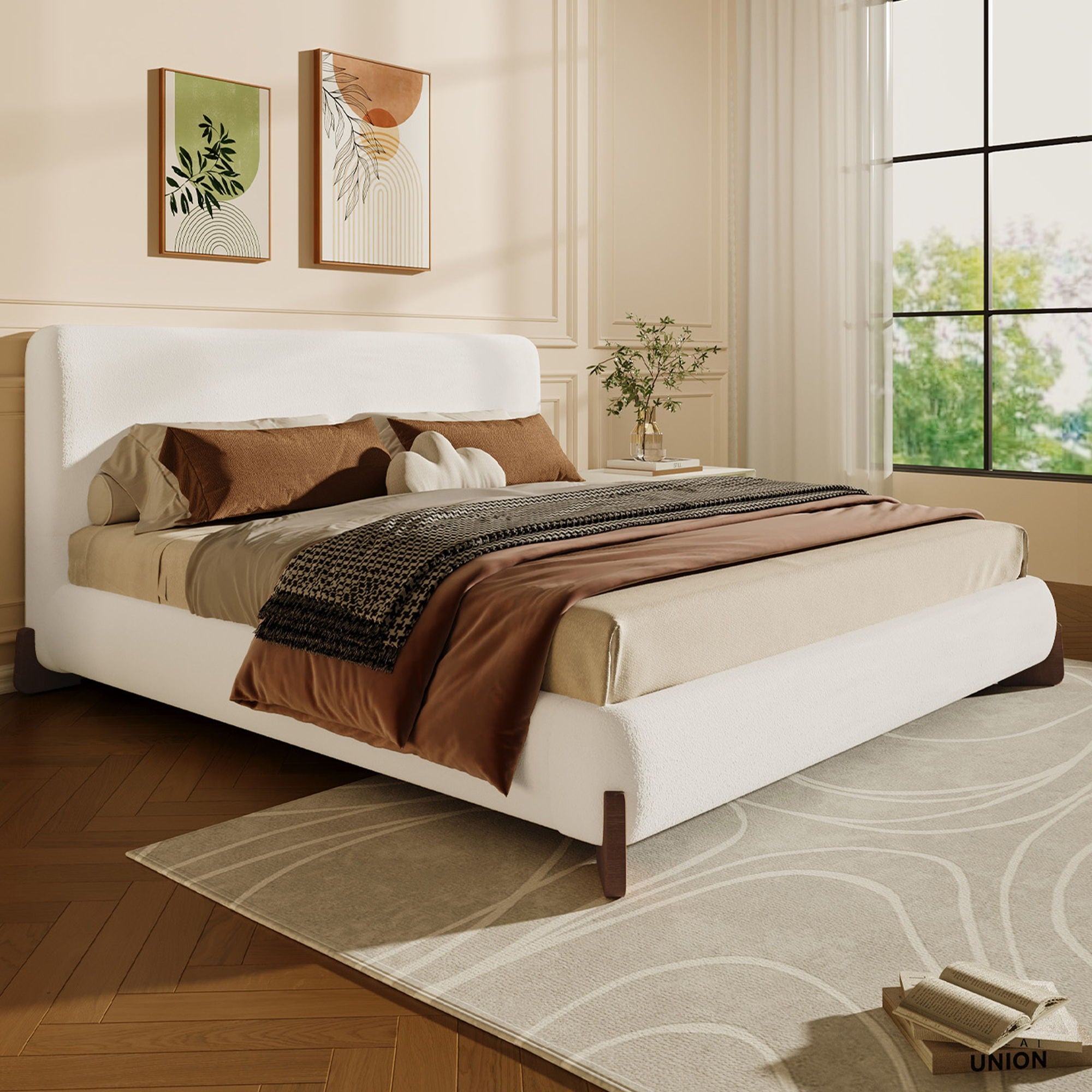 Queen Size Elegant Terry Upholstered Bed - White