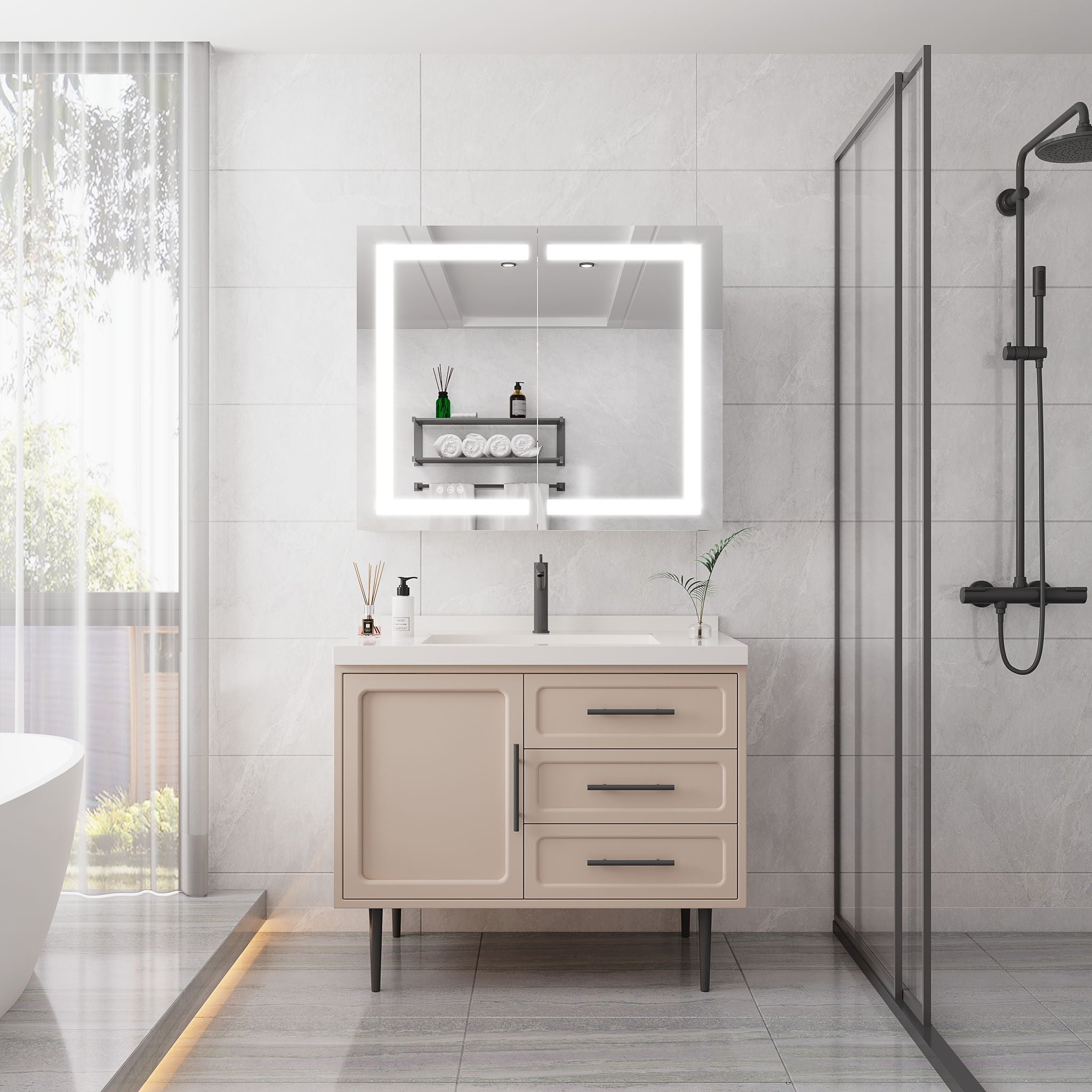 Medicine Cabinet With LED Vanity Mirror, Anti-Fog, Waterproof, Dimmable With Touch Switch