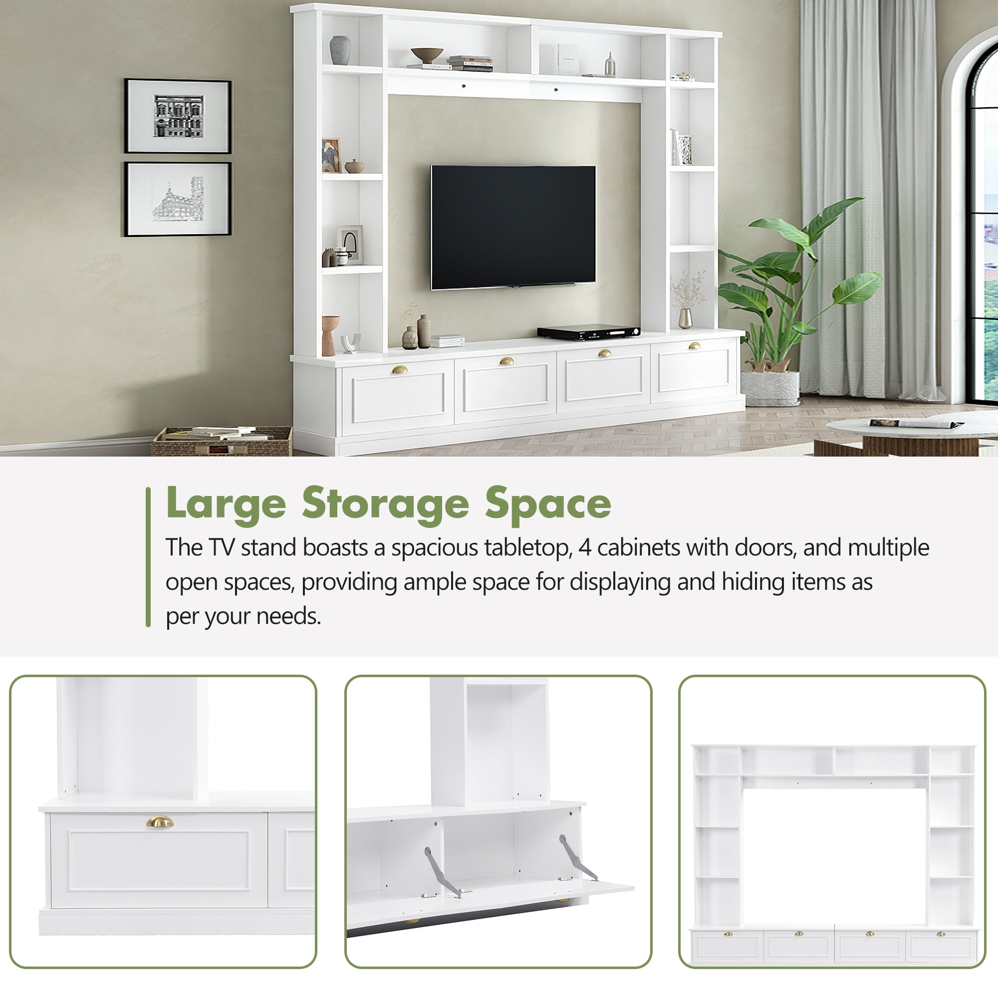 Large Wall Unit Entertainment Center with Bookshelves for TVs Up to 78" Modern TV Console with Cabinets and Open Shelves, 4-in-1 TV Stand with Golden Handles, White, 104.2&