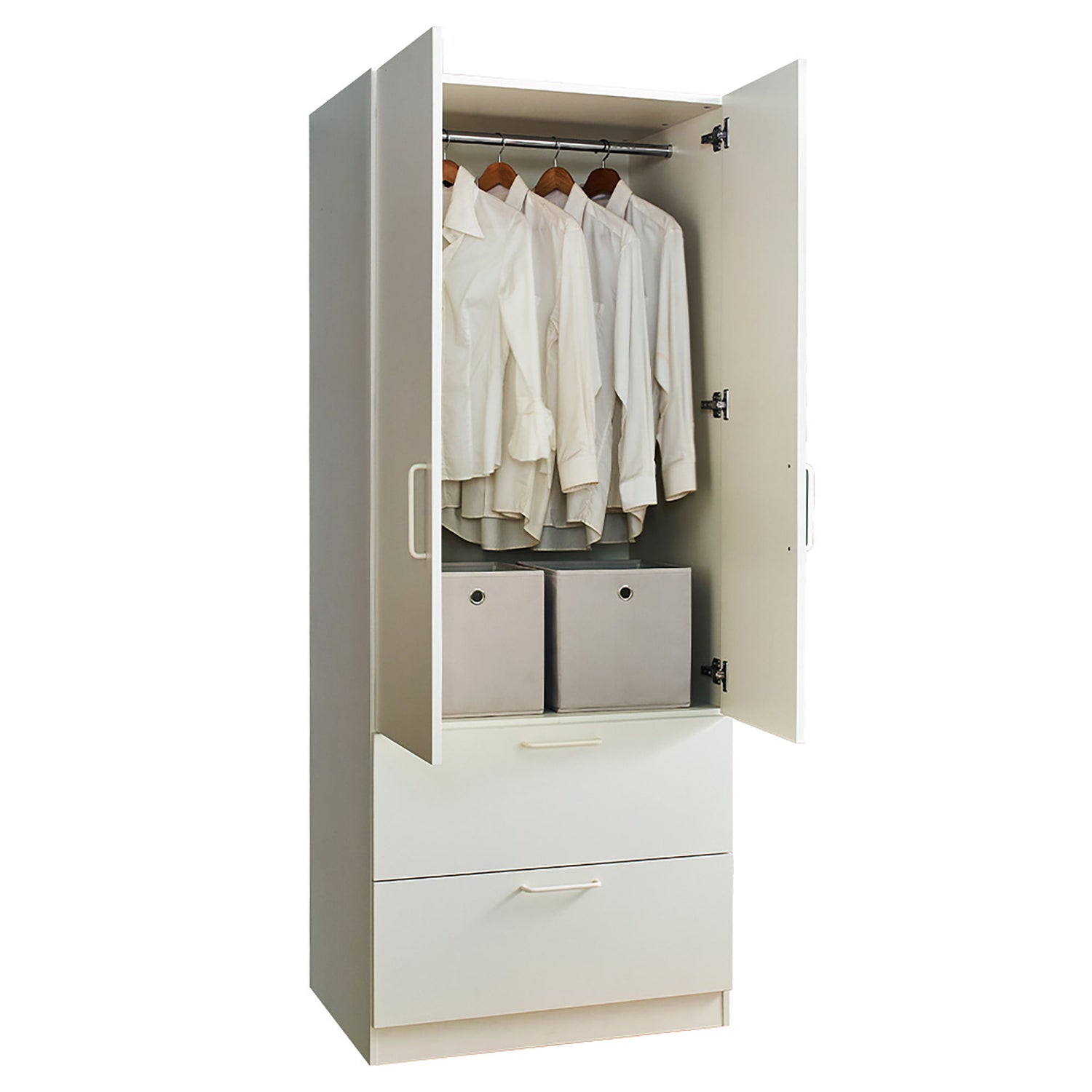 Emma - 2 Door Wood Closet With 2 Drawers And Hanging Bars - White