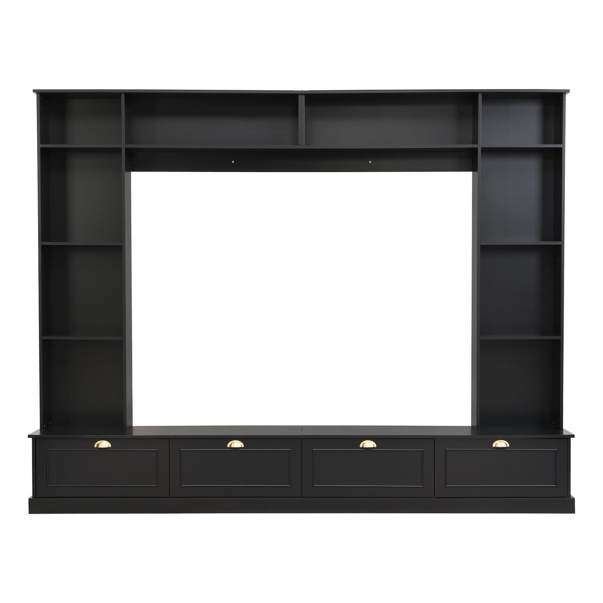 Large Wall Unit Entertainment Center with Bookshelves for TVs Up to 78" Modern TV Console with Cabinets and Open Shelves, 4-in-1 TV Stand with Golden Handles, Black, 104.2&